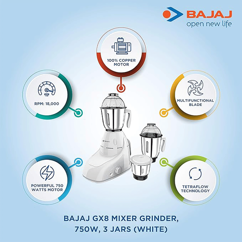 BAJAJ GX8 DLX 750 Watt 3 Jars Mixer Grinder (18000 RPM, Tetra Flow Technology, White) BAJAJ GX8 DLX 750 Watt 3 Jars Mixer Grinder (18000 RPM, Tetra Flow Technology, White)_6