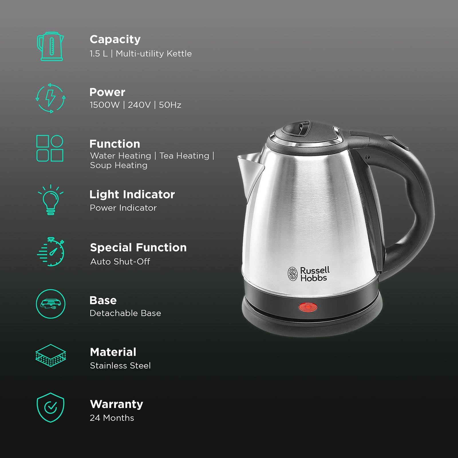 Russell Hobbs DOME1515 1500 Watt 1.5 Litre Electric Kettle with Auto Shut Off (Silver)_3
