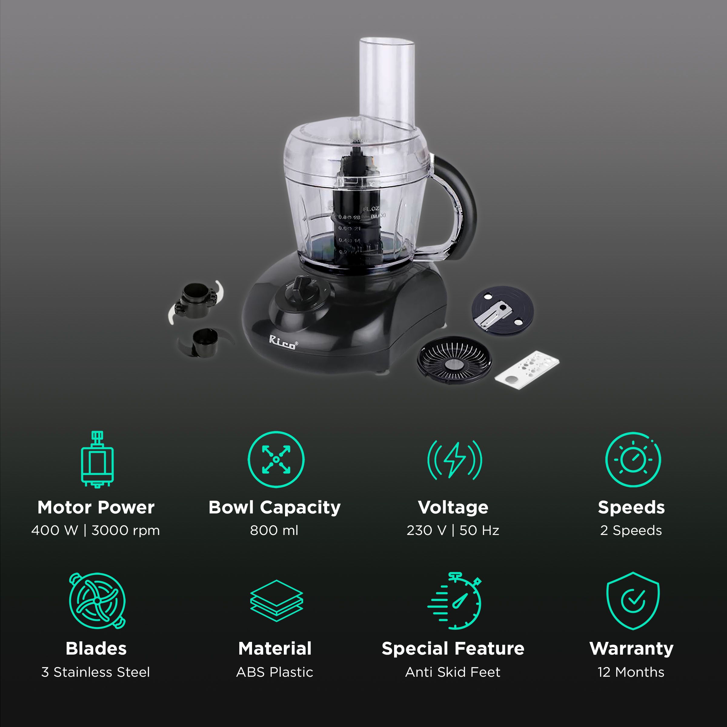 Rico 400 Watt Food Processor with 3 Blades (Black) Rico 400 Watt Food Processor with 3 Blades (Black)_2