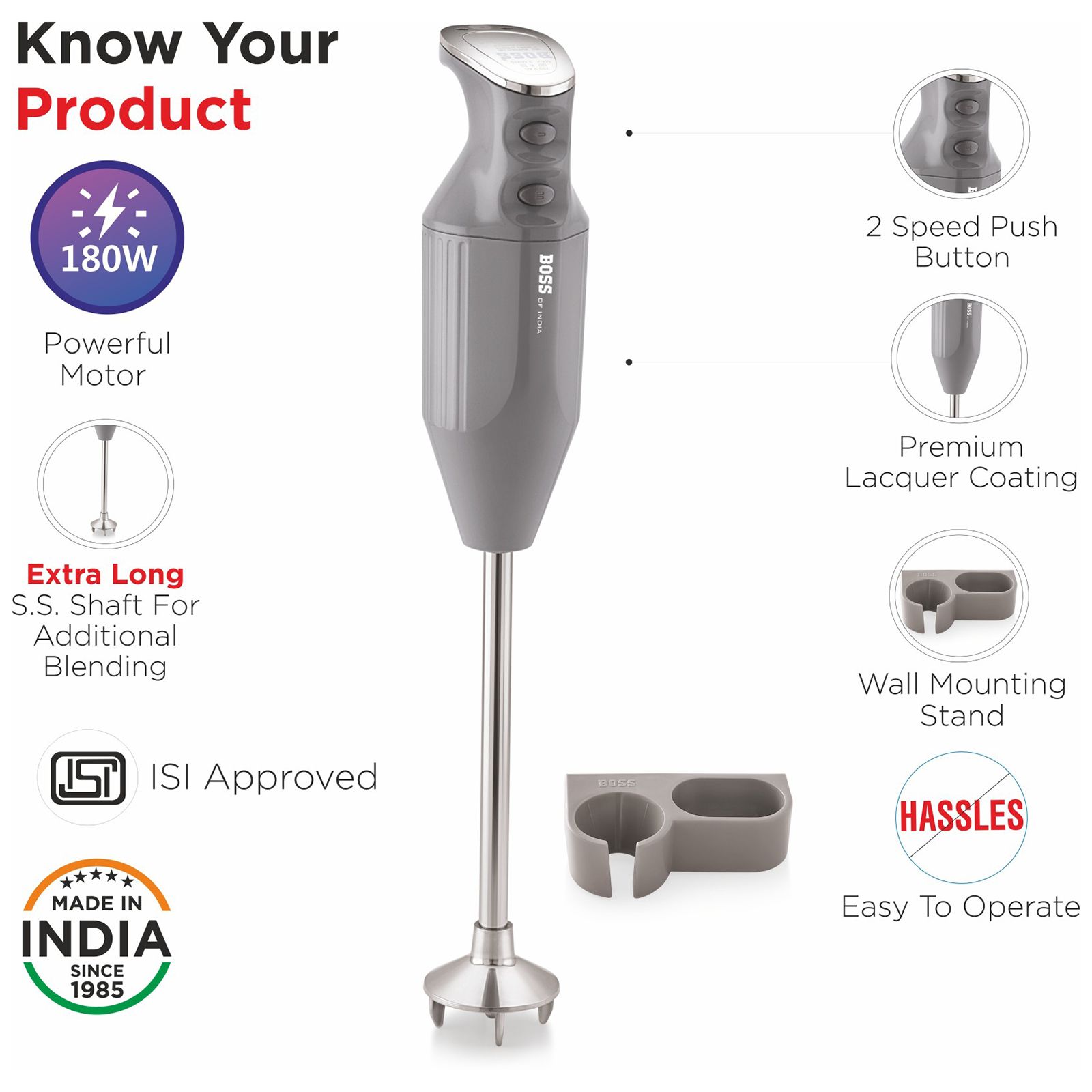 BOSS Platinum 180 Watt 2 Speed Hand Blender with 3 Attachments (Premium Lacquer Coating, Grey)_4