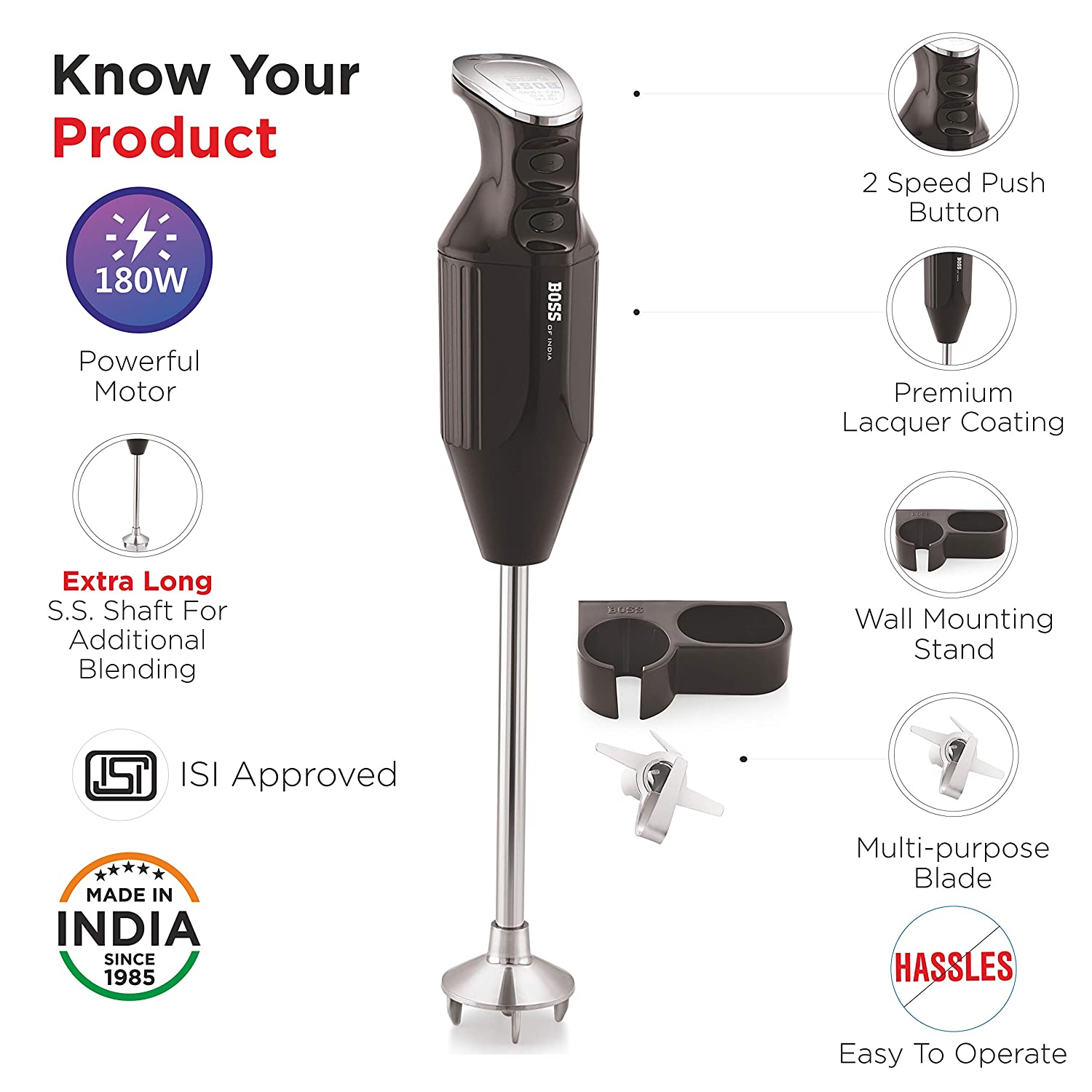 BOSS Platinum 180 Watt 2 Speed Hand Blender with 3 Attachments (Premium Lacquer Coating, Grey)_5