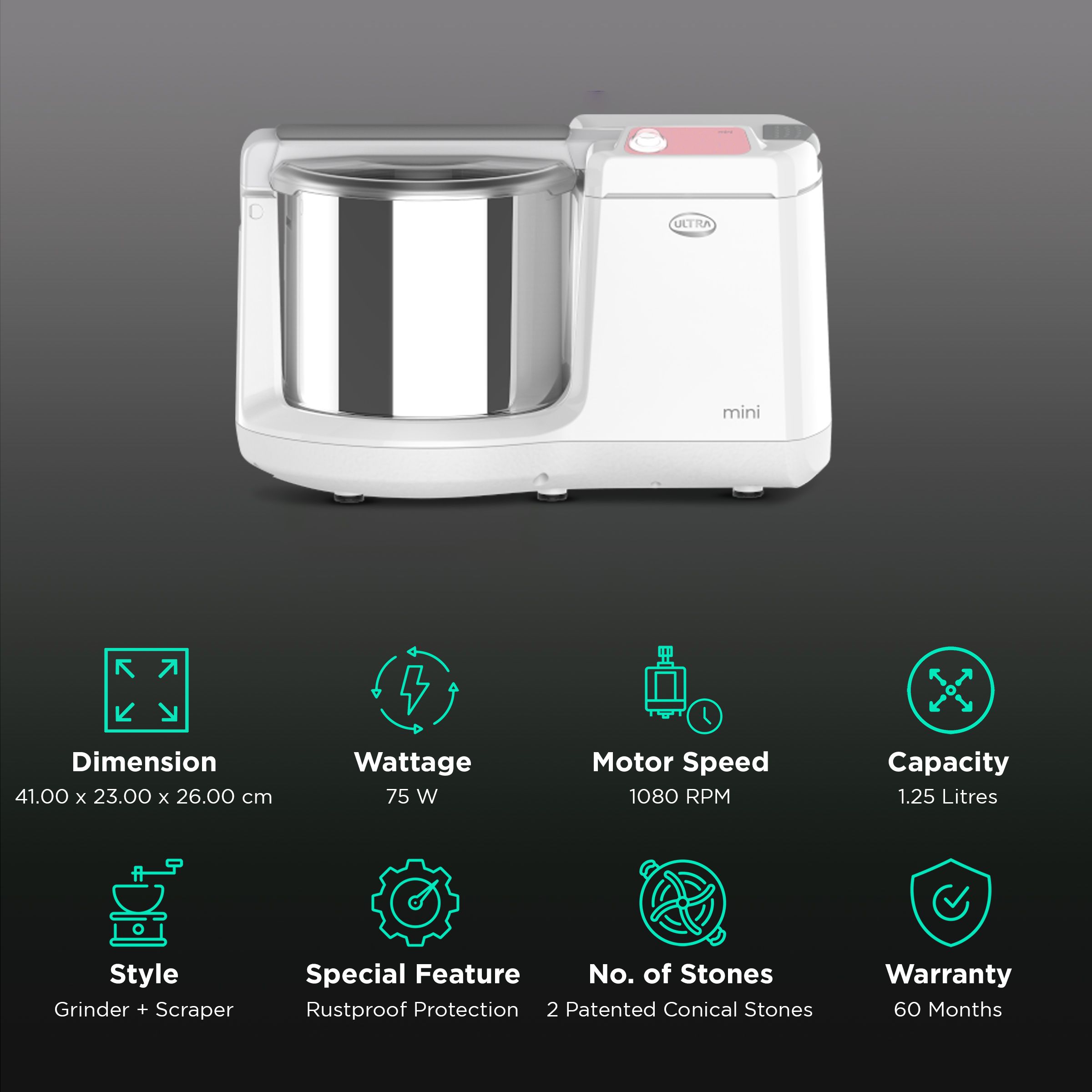 ELGI Ultra Mini 1.25 Litre 2 Stones Wet Grinder (Shock Proof, Fortune White)_2