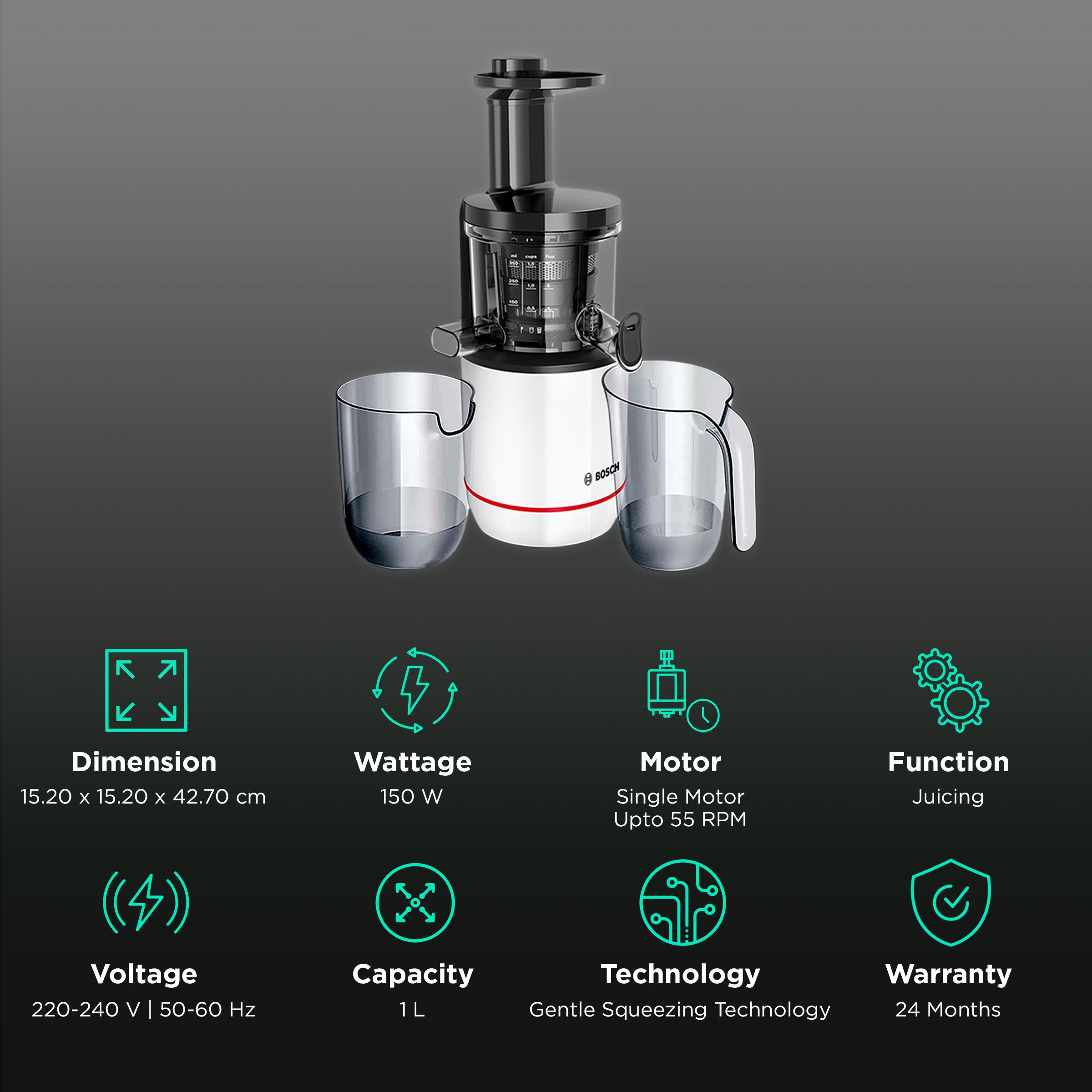 BOSCH VitaExtract 150 Watt Slow Juicer (55 RPM, Low Noise Robust Motor, Black/White)_2