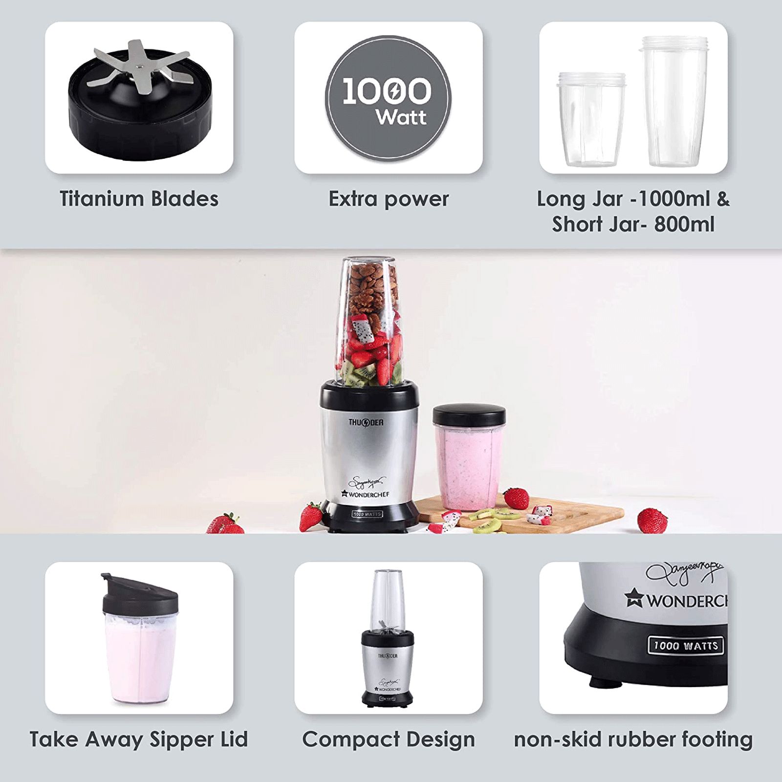WONDERCHEF Nutri-Blend Thunder 1000 Watt 2 Jars Mixer Grinder Blender (22000 RPM, Compact Design, Black/Silver) WONDERCHEF Nutri-Blend Thunder 1000 Watt 2 Jars Mixer Grinder Blender (22000 RPM, Compact Design, Black/Silver)_8