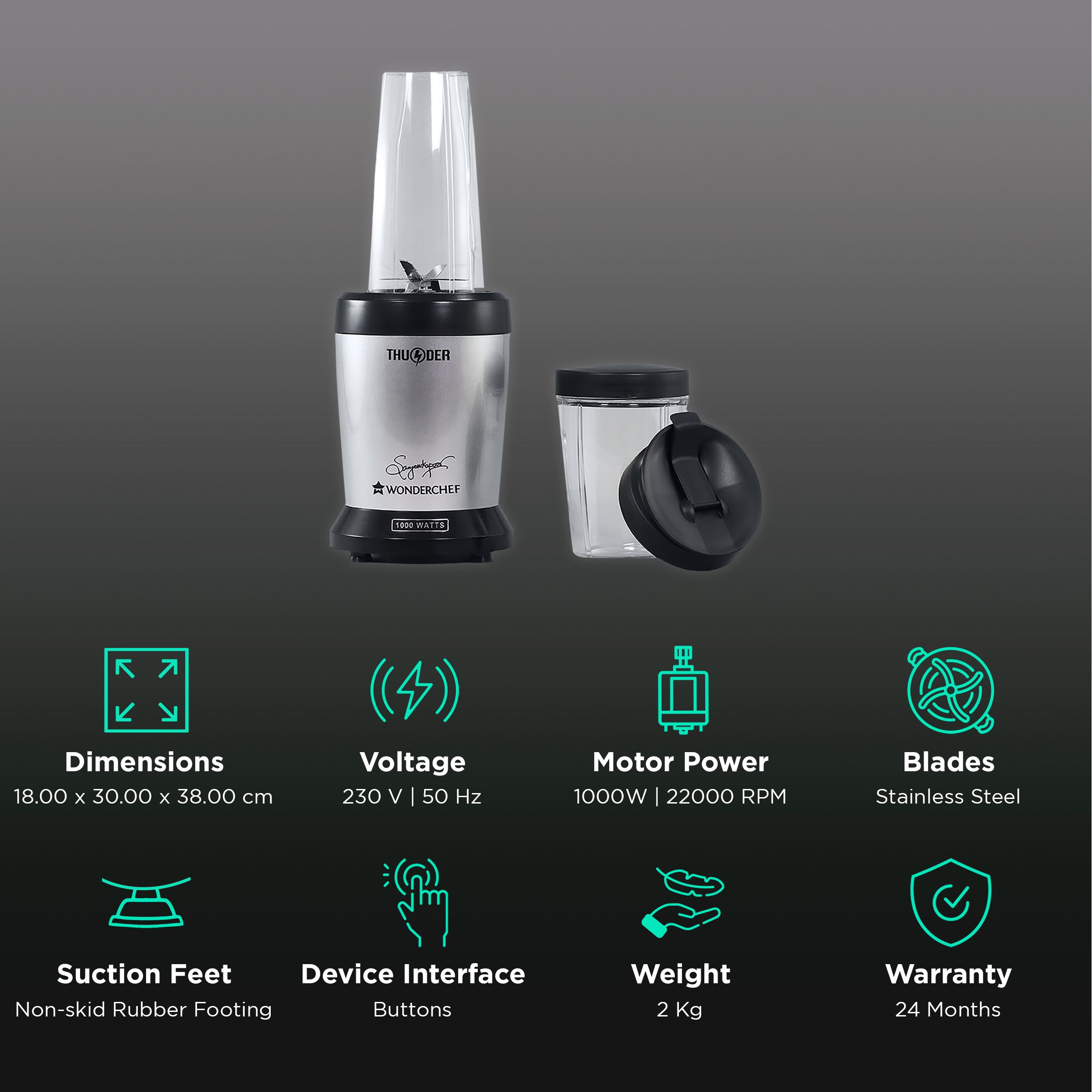 WONDERCHEF Nutri-Blend Thunder 1000 Watt 2 Jars Mixer Grinder Blender (22000 RPM, Compact Design, Black/Silver) WONDERCHEF Nutri-Blend Thunder 1000 Watt 2 Jars Mixer Grinder Blender (22000 RPM, Compact Design, Black/Silver)_2