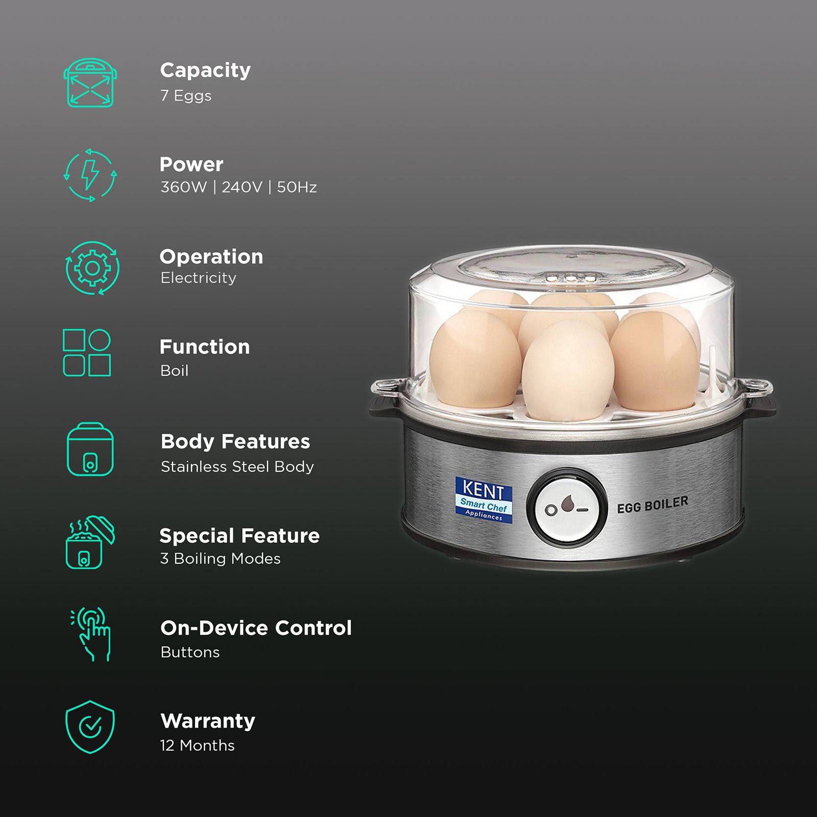 KENT Instant 7 Egg Electric Egg Boiler with Auto Shut Off (Silver)_3