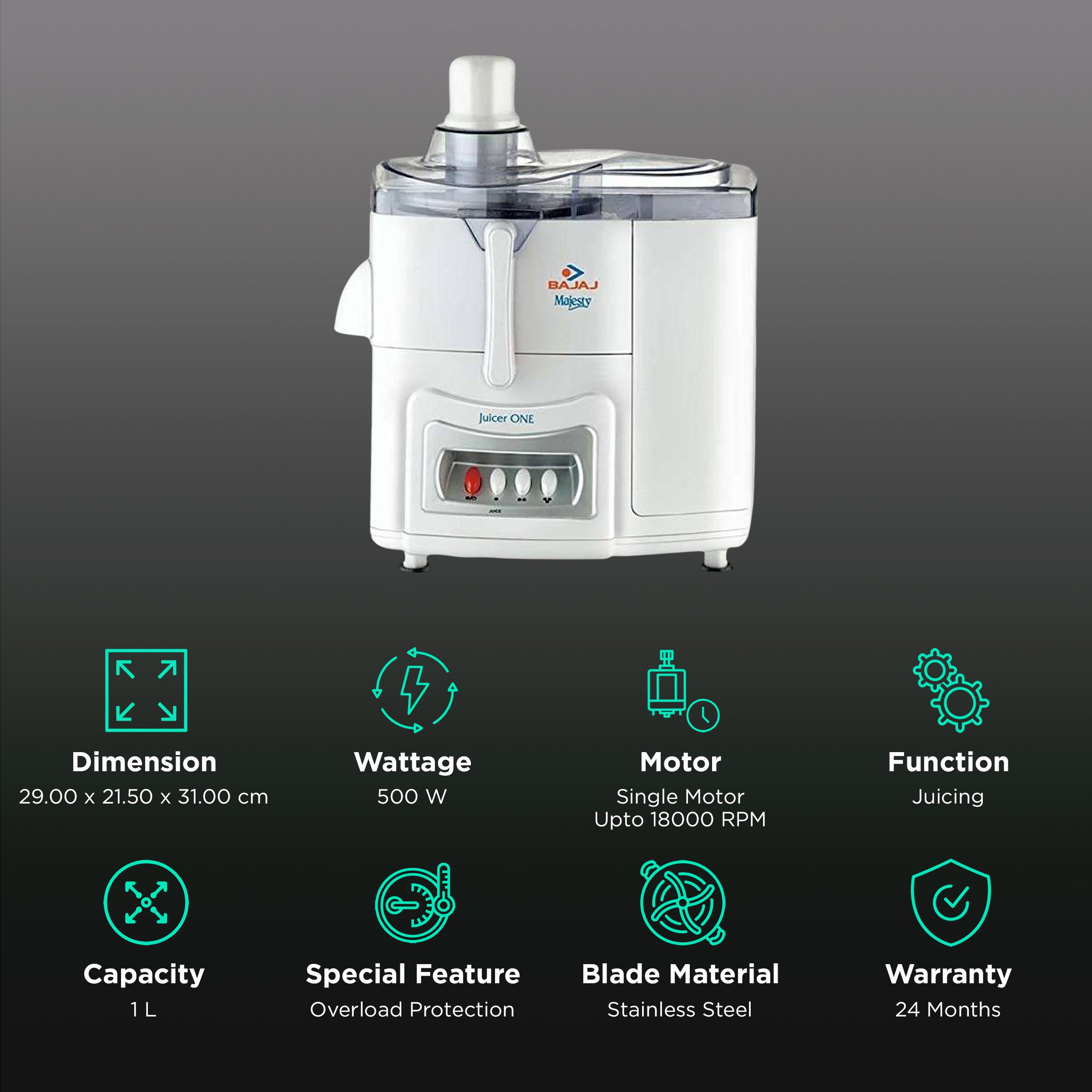 BAJAJ Majesty Juicer One 500 Watt Juicer (18000 RPM, 3 Speed Control, White)_2
