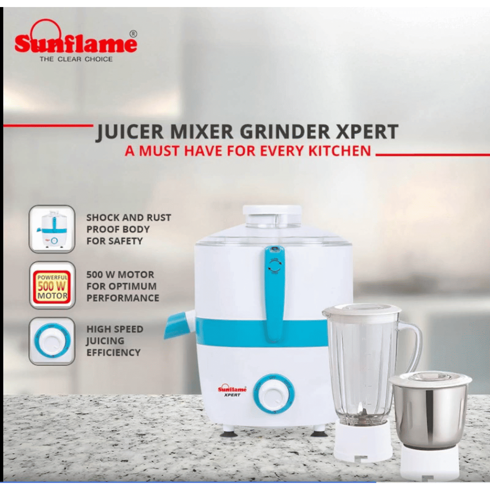 Sunflame XPERT 500 Watt 2 Jars Juicer Mixer Grinder (3 Speed Control with Incher, White) Sunflame XPERT 500 Watt 2 Jars Juicer Mixer Grinder (3 Speed Control with Incher, White)_5