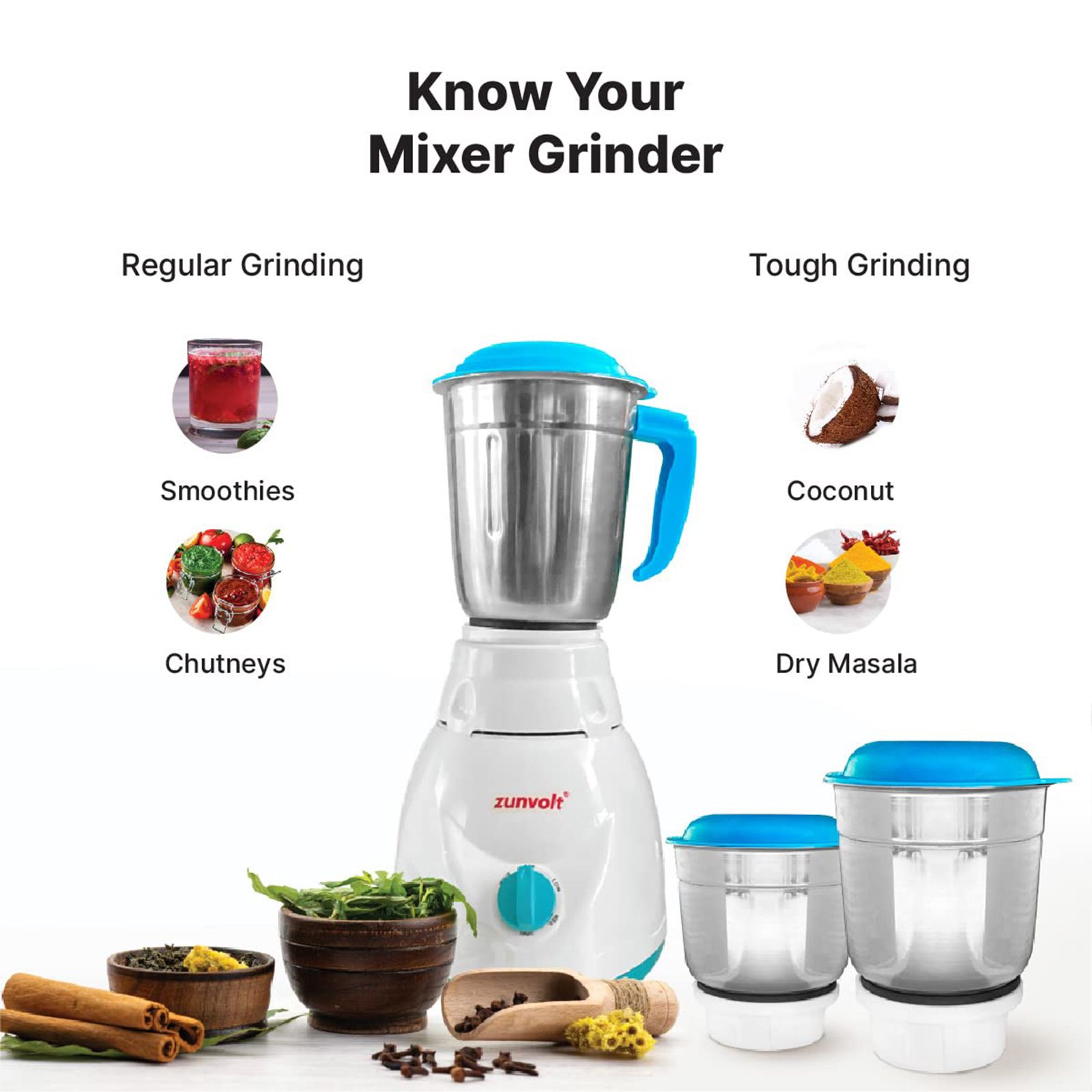 zunvolt 500 Watt 3 Jars Mixer Grinder (22000 RPM, Shock Proof Body, White)_6