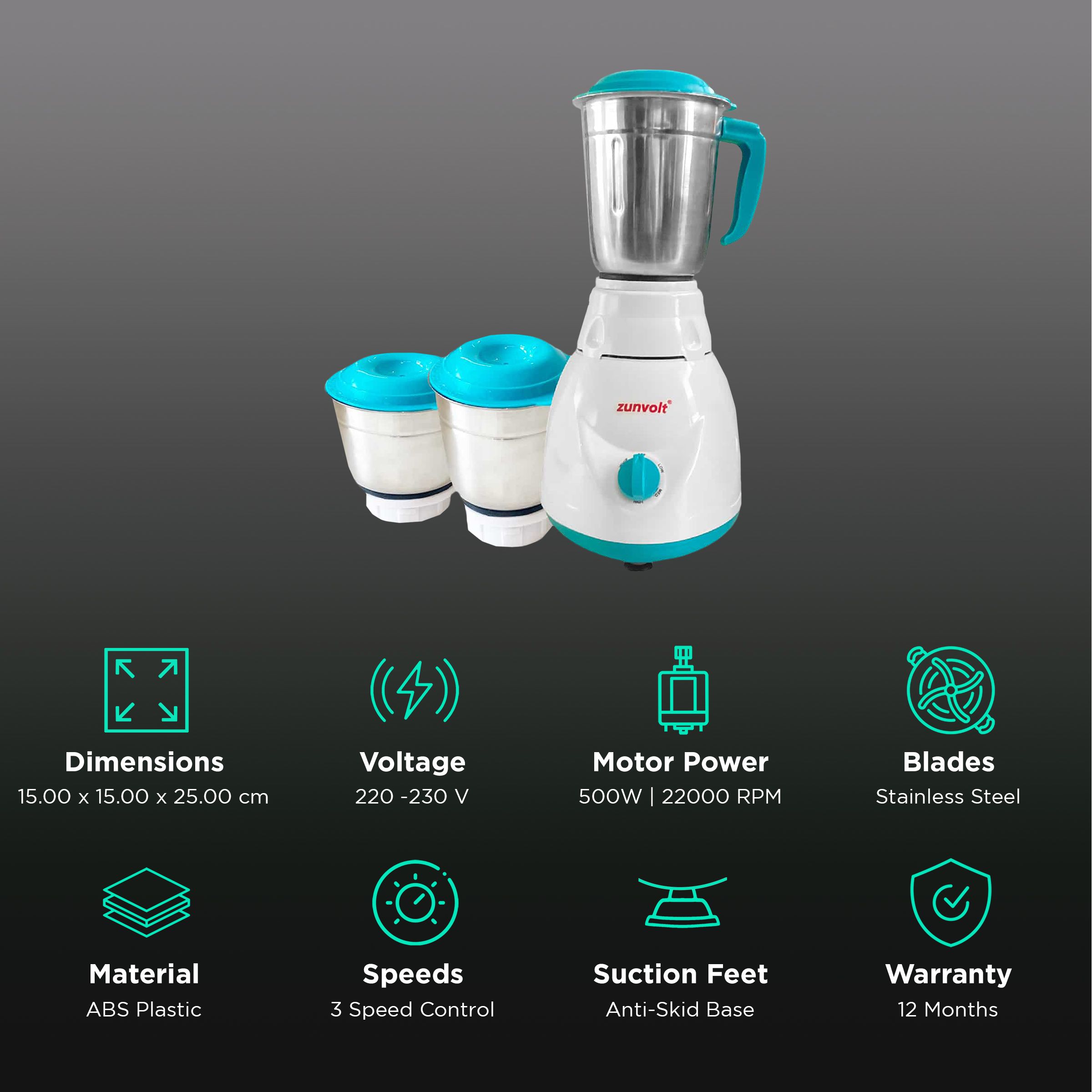 zunvolt 500 Watt 3 Jars Mixer Grinder (22000 RPM, Shock Proof Body, White)_2