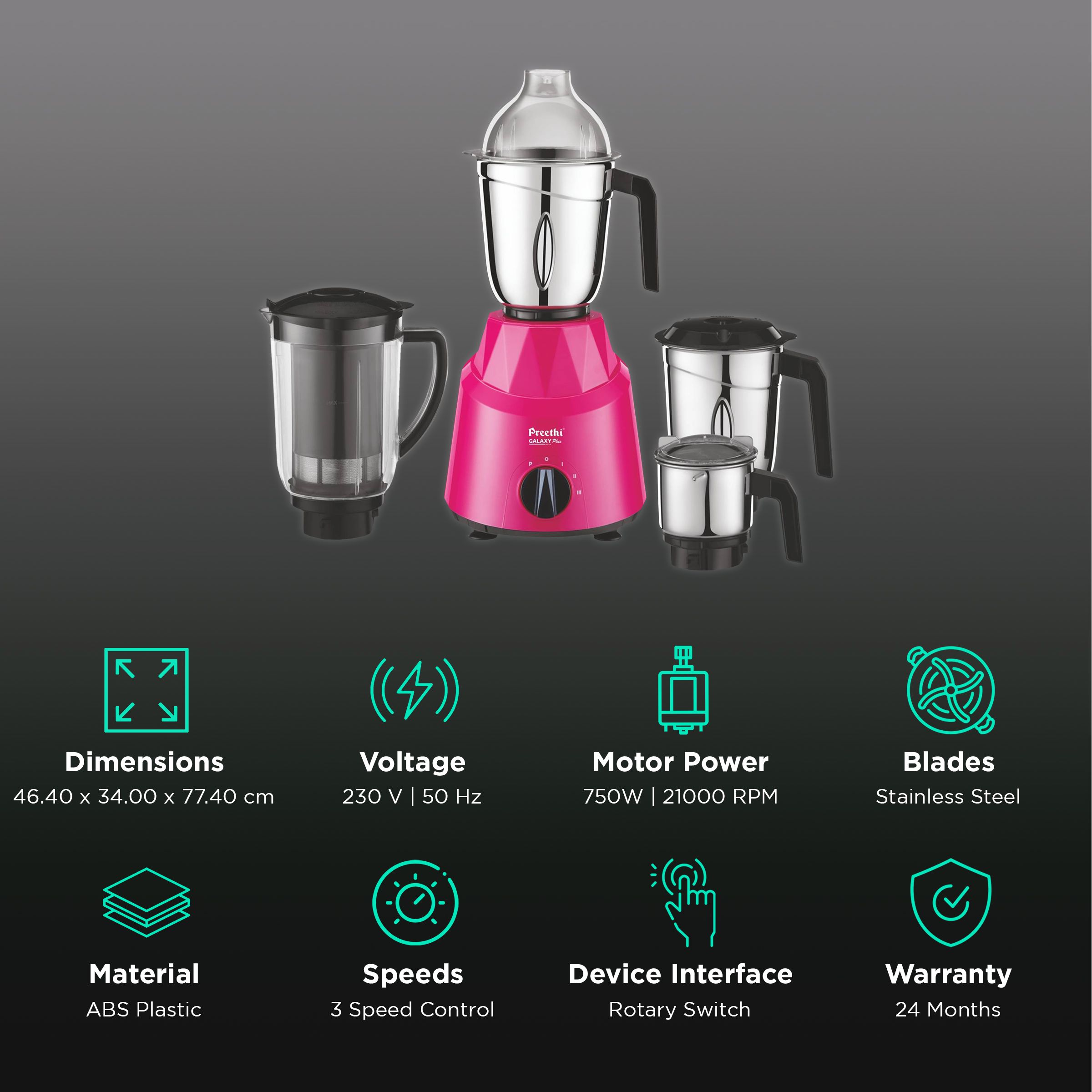 Preethi Galaxy Plus 750 Watt 4 Jars Mixer Grinder (21000 RPM, Rotary Switch with 3 Speed Control, Pink) Preethi Galaxy Plus 750 Watt 4 Jars Mixer Grinder (21000 RPM, Rotary Switch with 3 Speed Control, Pink)_2