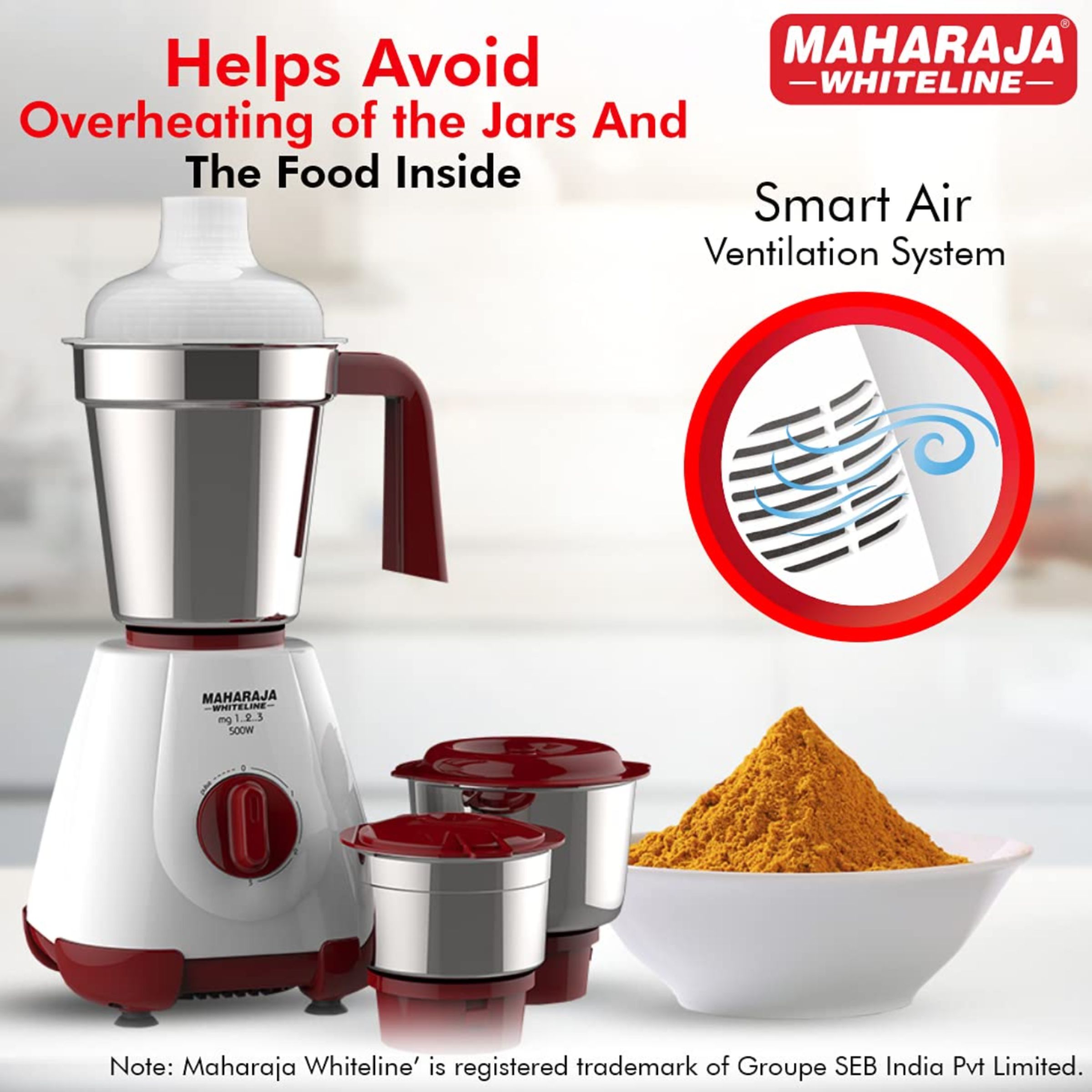 MAHARAJA WHITELINE MG 123 500 Watt 3 Jars Mixer Grinder (20000 RPM, 30 Minutes Operating Time, Cherry Red & White)_7