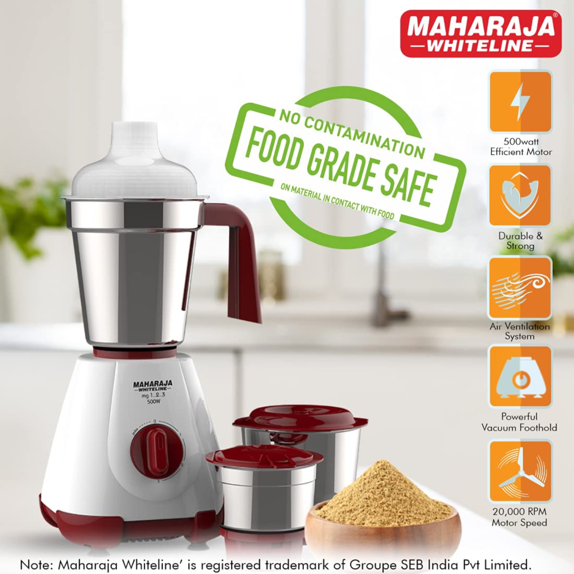 MAHARAJA WHITELINE MG 123 500 Watt 3 Jars Mixer Grinder (20000 RPM, 30 Minutes Operating Time, Cherry Red & White)_10