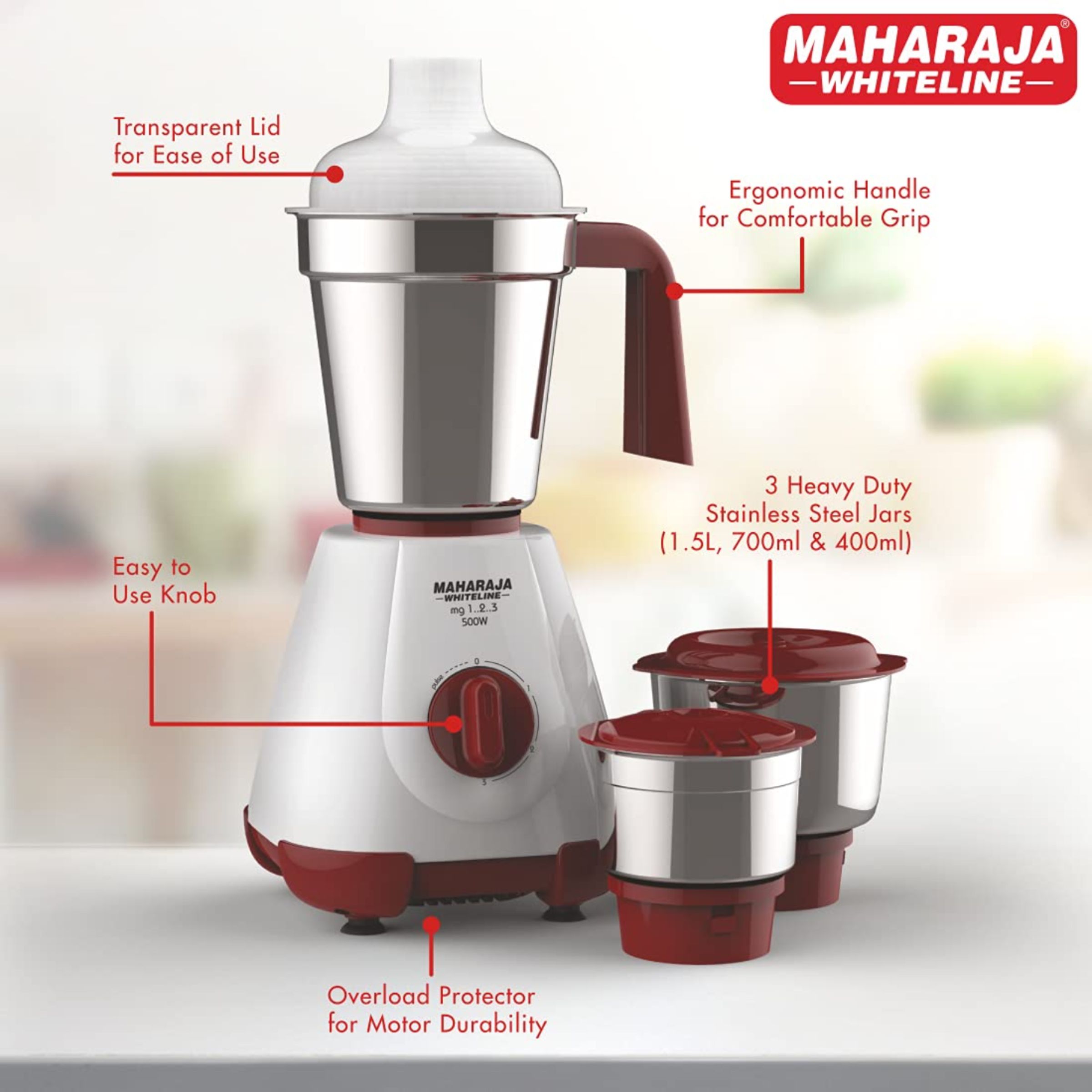 MAHARAJA WHITELINE MG 123 500 Watt 3 Jars Mixer Grinder (20000 RPM, 30 Minutes Operating Time, Cherry Red & White)_14
