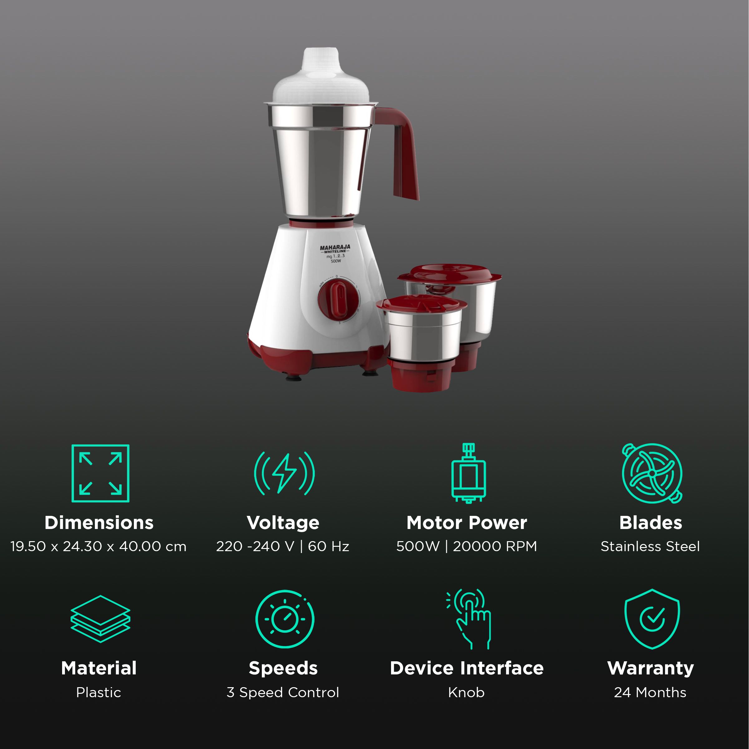 MAHARAJA WHITELINE MG 123 500 Watt 3 Jars Mixer Grinder (20000 RPM, 30 Minutes Operating Time, Cherry Red & White)_2