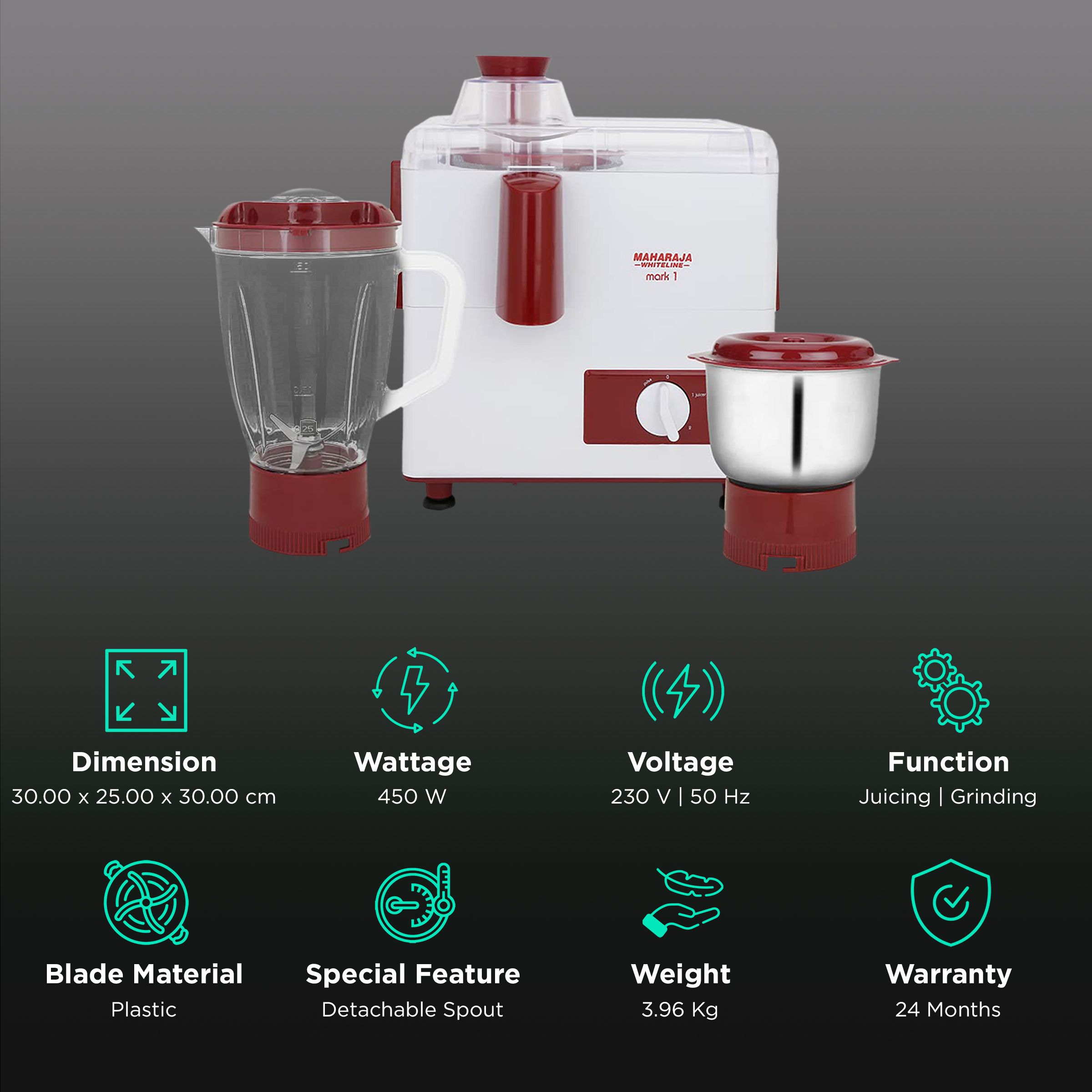 MAHARAJA WHITELINE Mark 1 450 Watt 2 Jars Juicer Mixer Grinder (Multi-Functional Blade System, White/Red) MAHARAJA WHITELINE Mark 1 450 Watt 2 Jars Juicer Mixer Grinder (Multi-Functional Blade System, White/Red)_2