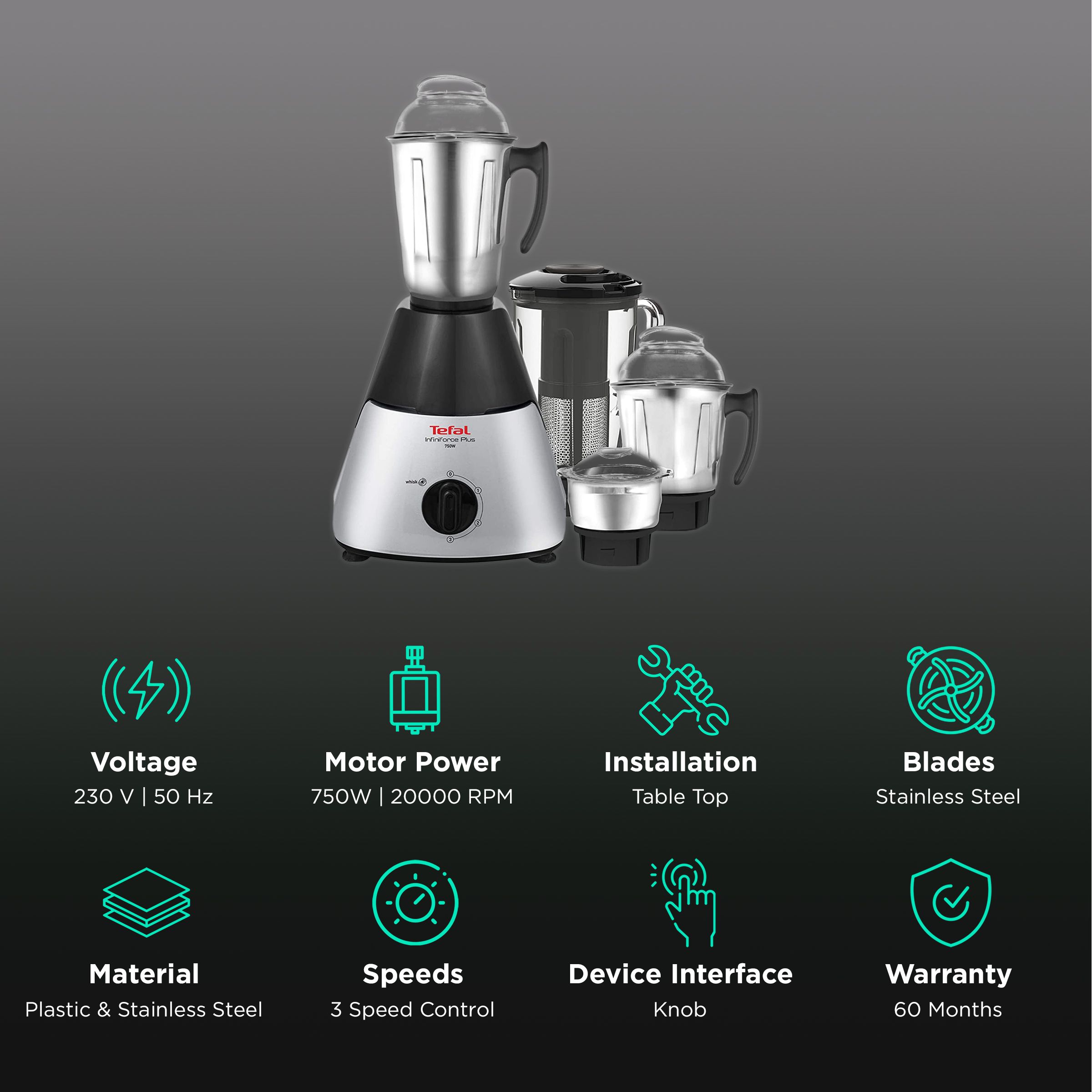 Tefal Infiniforce Plus 750 Watt 4 Jars Mixer Grinder (20000 RPM, Dual Cooling Technology, Black/Silver) Tefal Infiniforce Plus 750 Watt 4 Jars Mixer Grinder (20000 RPM, Dual Cooling Technology, Black/Silver)_2