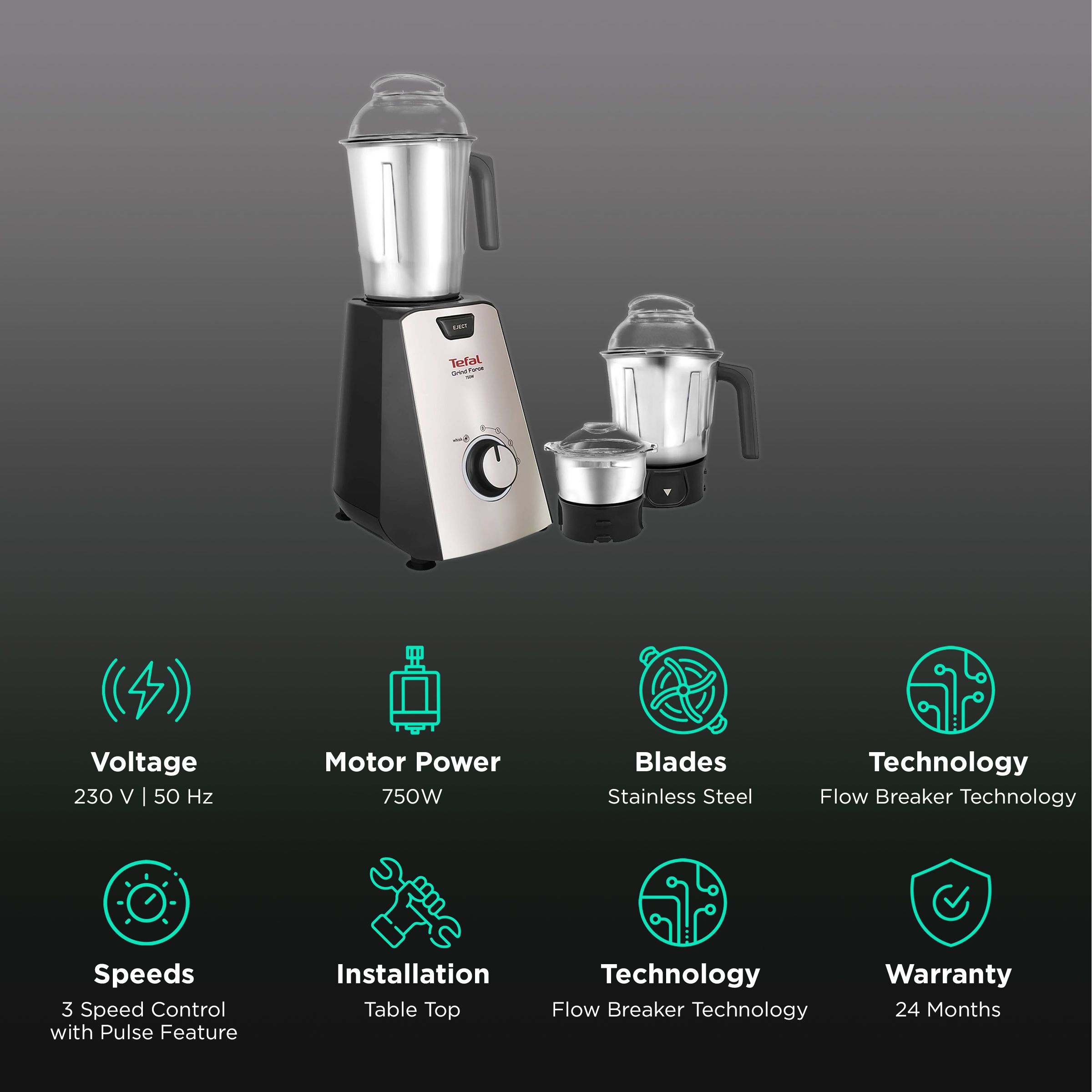 Tefal Grindforce 750 Watt 3 Jars Mixer Grinder (Eject System, Black/Silver) Tefal Grindforce 750 Watt 3 Jars Mixer Grinder (Eject System, Black/Silver)_2