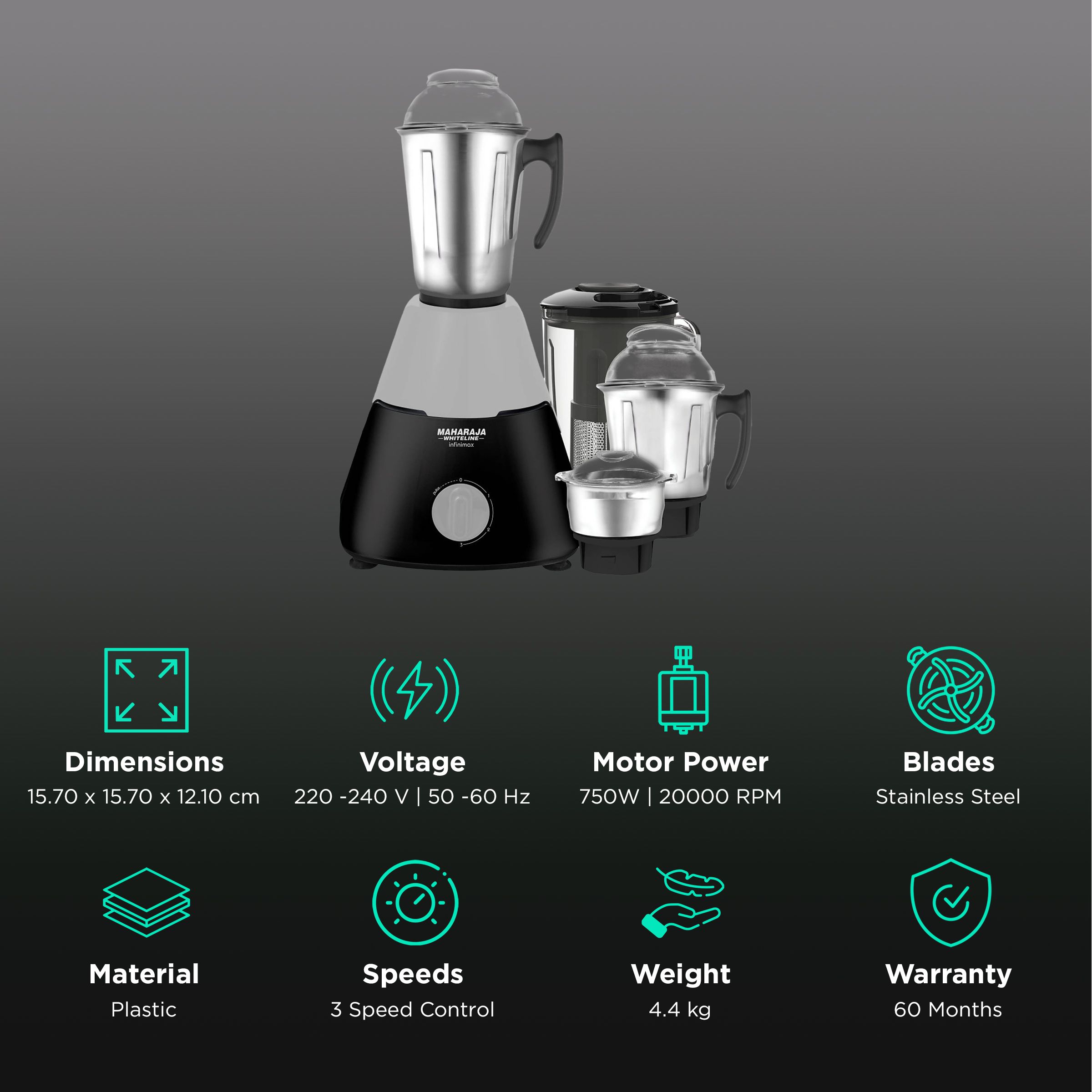 MAHARAJA WHITELINE Infinimax Elite 750 Watt 4 Jars Mixer Grinder (20000 RPM, 5-in-1 Blades, Black/Silver) MAHARAJA WHITELINE Infinimax Elite 750 Watt 4 Jars Mixer Grinder (20000 RPM, 5-in-1 Blades, Black/Silver)_2