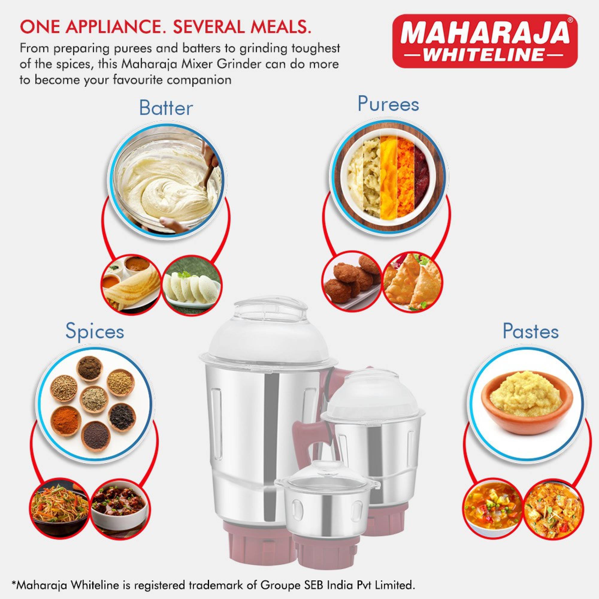 MAHARAJA WHITELINE Turbo Prime Dlx MX-231 750 Watt 3 Jars Mixer Grinder (20000 RPM, 5-in-1 Blades, Red/White)_9