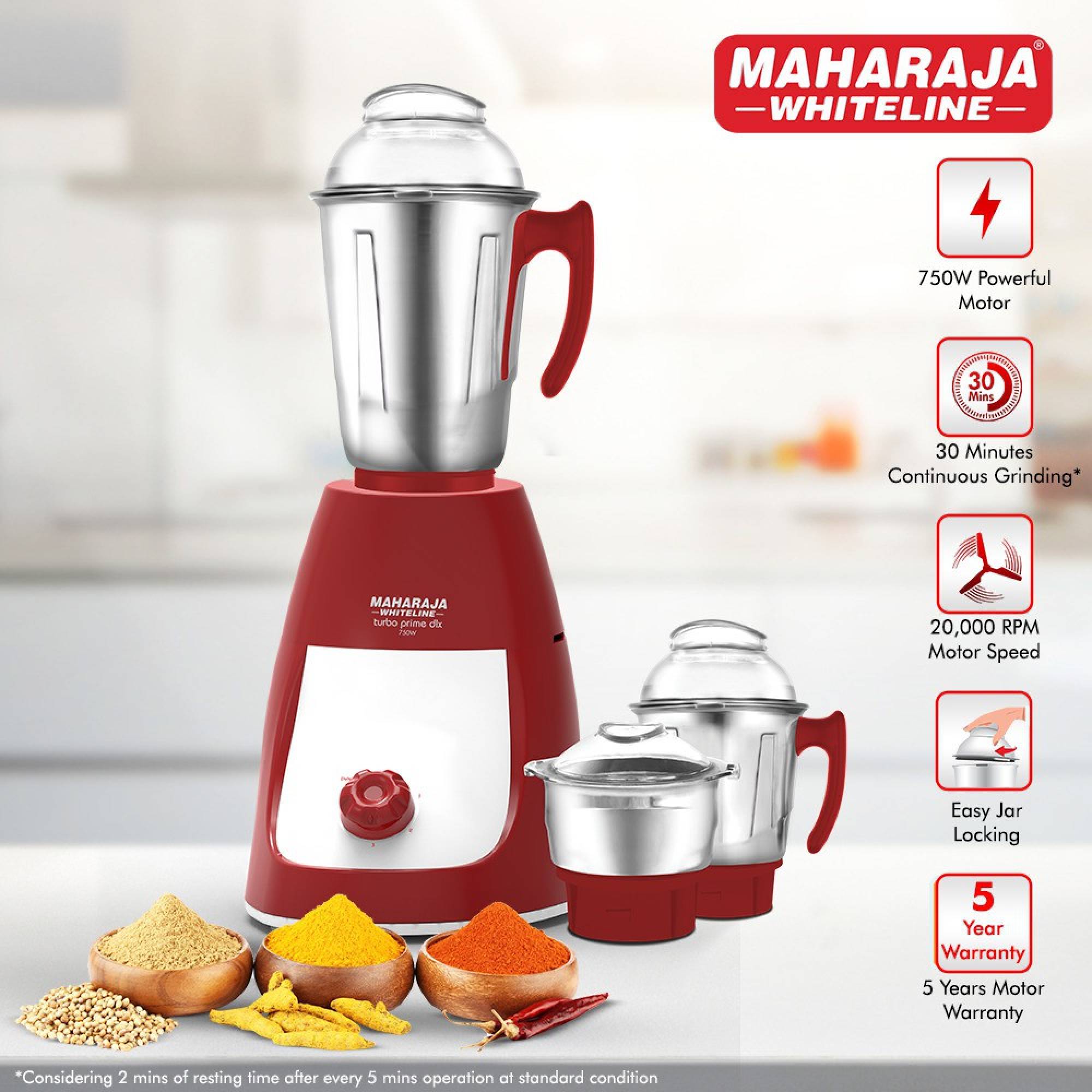 MAHARAJA WHITELINE Turbo Prime Dlx MX-231 750 Watt 3 Jars Mixer Grinder (20000 RPM, 5-in-1 Blades, Red/White)_10