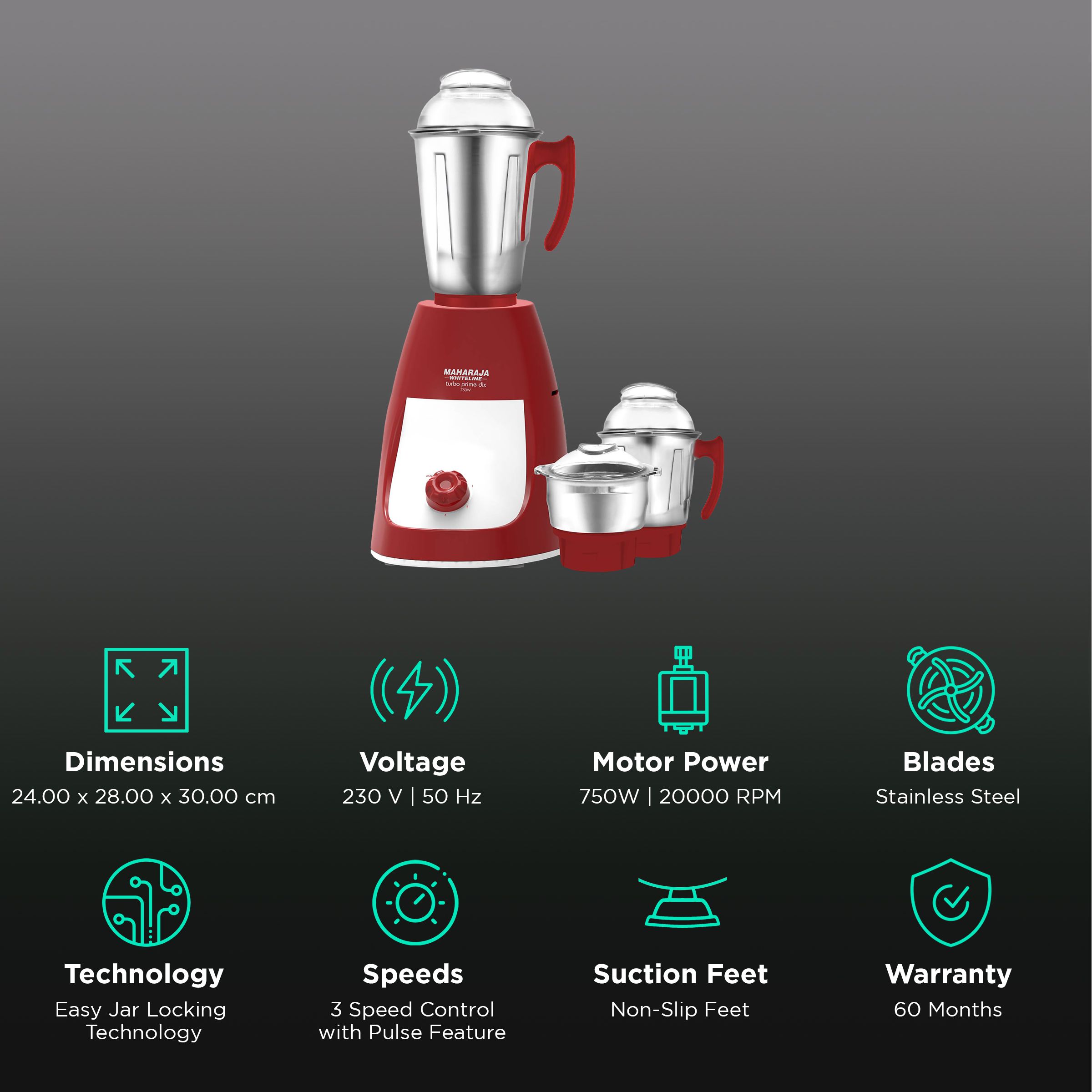 MAHARAJA WHITELINE Turbo Prime Dlx MX-231 750 Watt 3 Jars Mixer Grinder (20000 RPM, 5-in-1 Blades, Red/White)_2