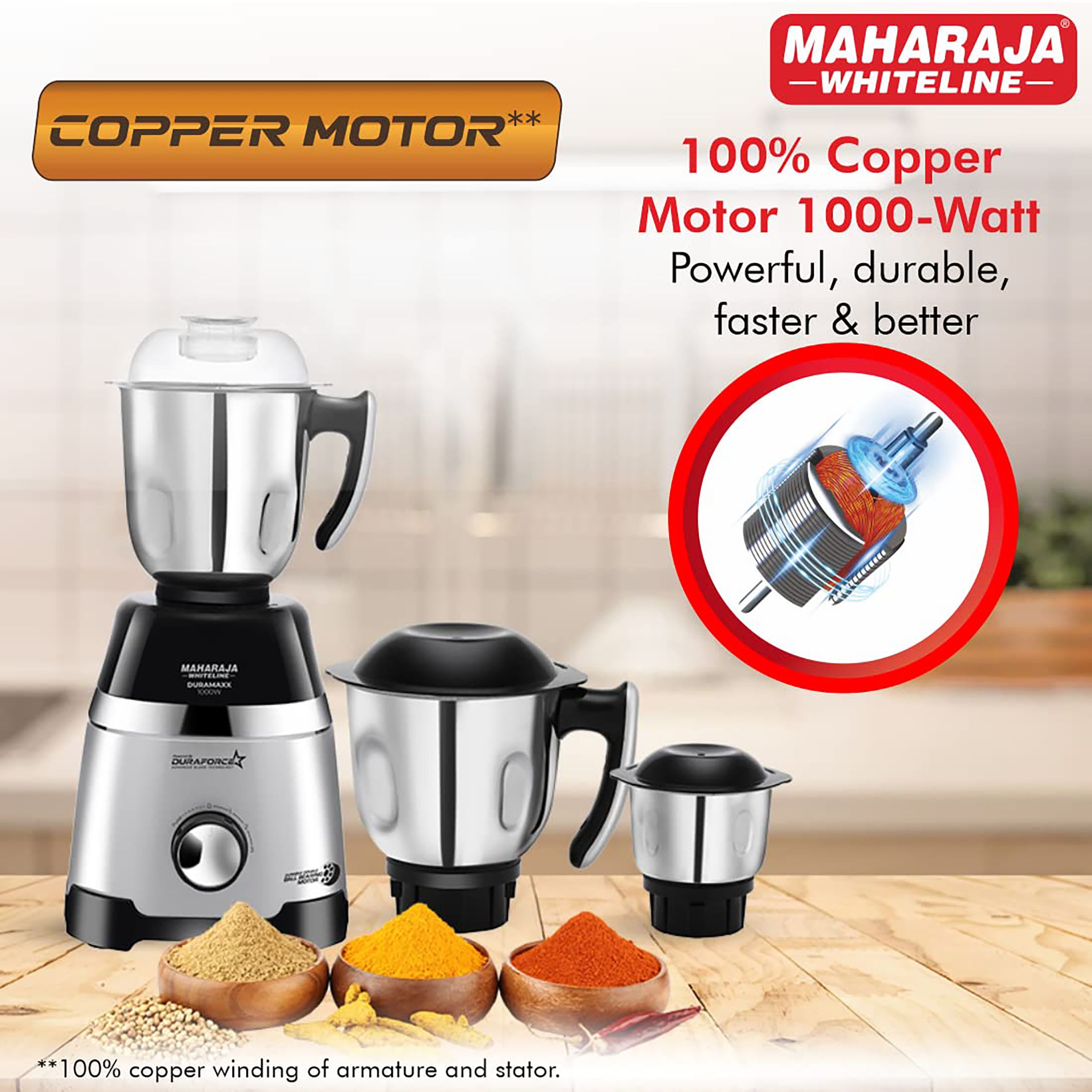 MAHARAJA WHITELINE Duramaxx 1000 Watt 3 Jars Mixer Grinder (22000 RPM, Food Grade Safe, Black/Silver) MAHARAJA WHITELINE Duramaxx 1000 Watt 3 Jars Mixer Grinder (22000 RPM, Food Grade Safe, Black/Silver)_6
