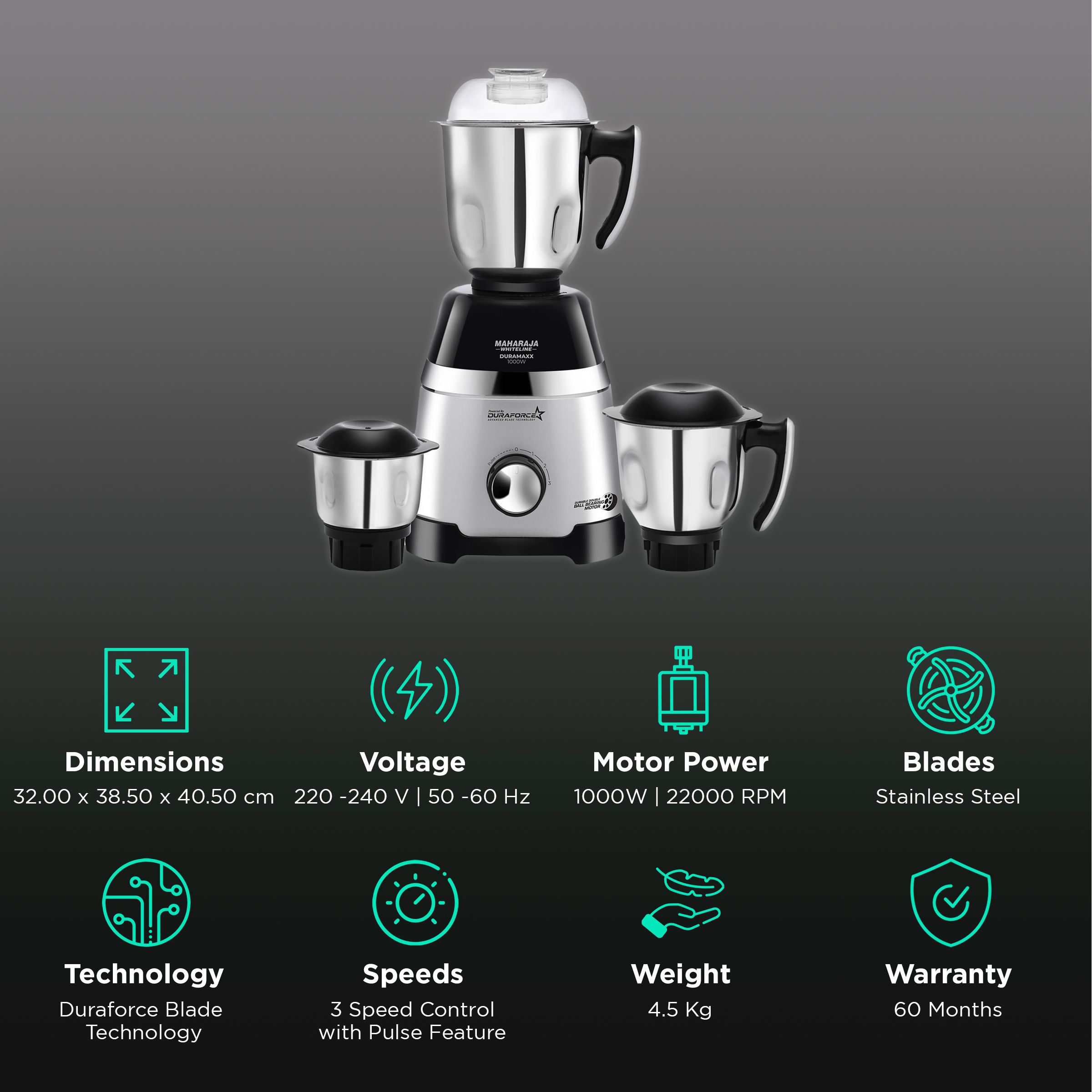 MAHARAJA WHITELINE Duramaxx 1000 Watt 3 Jars Mixer Grinder (22000 RPM, Food Grade Safe, Black/Silver) MAHARAJA WHITELINE Duramaxx 1000 Watt 3 Jars Mixer Grinder (22000 RPM, Food Grade Safe, Black/Silver)_2