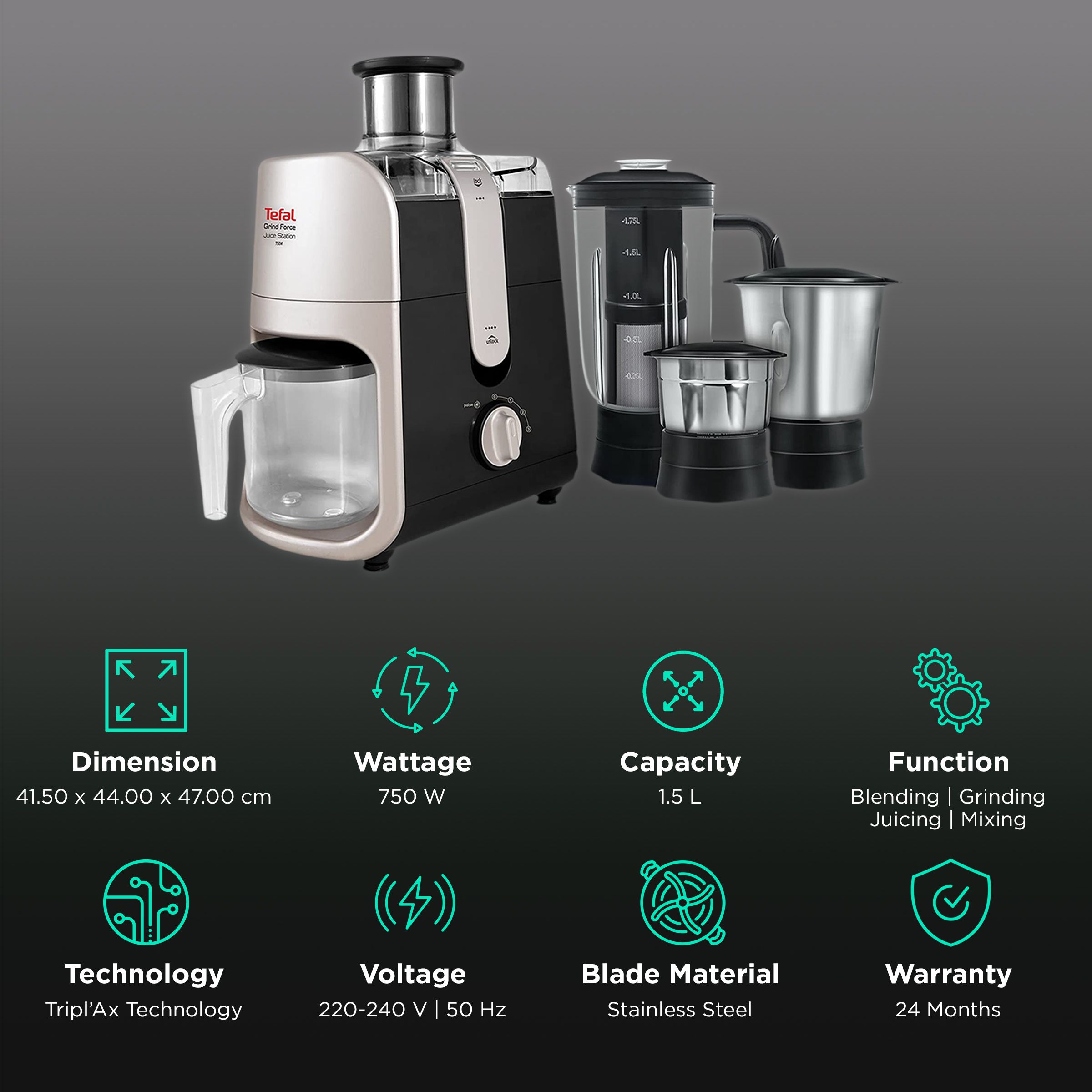 Tefal Grindforce 750 Watt 3 Jars Juicer Mixer Grinder (Tripl'Ax Blades Technology, Premium Silver/Coal) Tefal Grindforce 750 Watt 3 Jars Juicer Mixer Grinder (Tripl'Ax Blades Technology, Premium Silver/Coal)_2