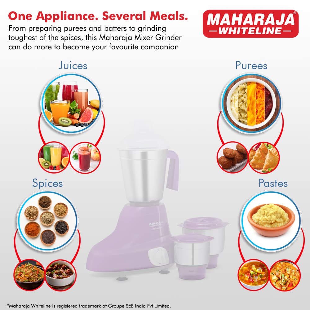 MAHARAJA WHITELINE Stellar Plus MX-228 500 Watt 3 Jars Mixer Grinder (20000 RPM, 30 Minutes Operating Time, Violet/White) MAHARAJA WHITELINE Stellar Plus MX-228 500 Watt 3 Jars Mixer Grinder (20000 RPM, 30 Minutes Operating Time, Violet/White)_7