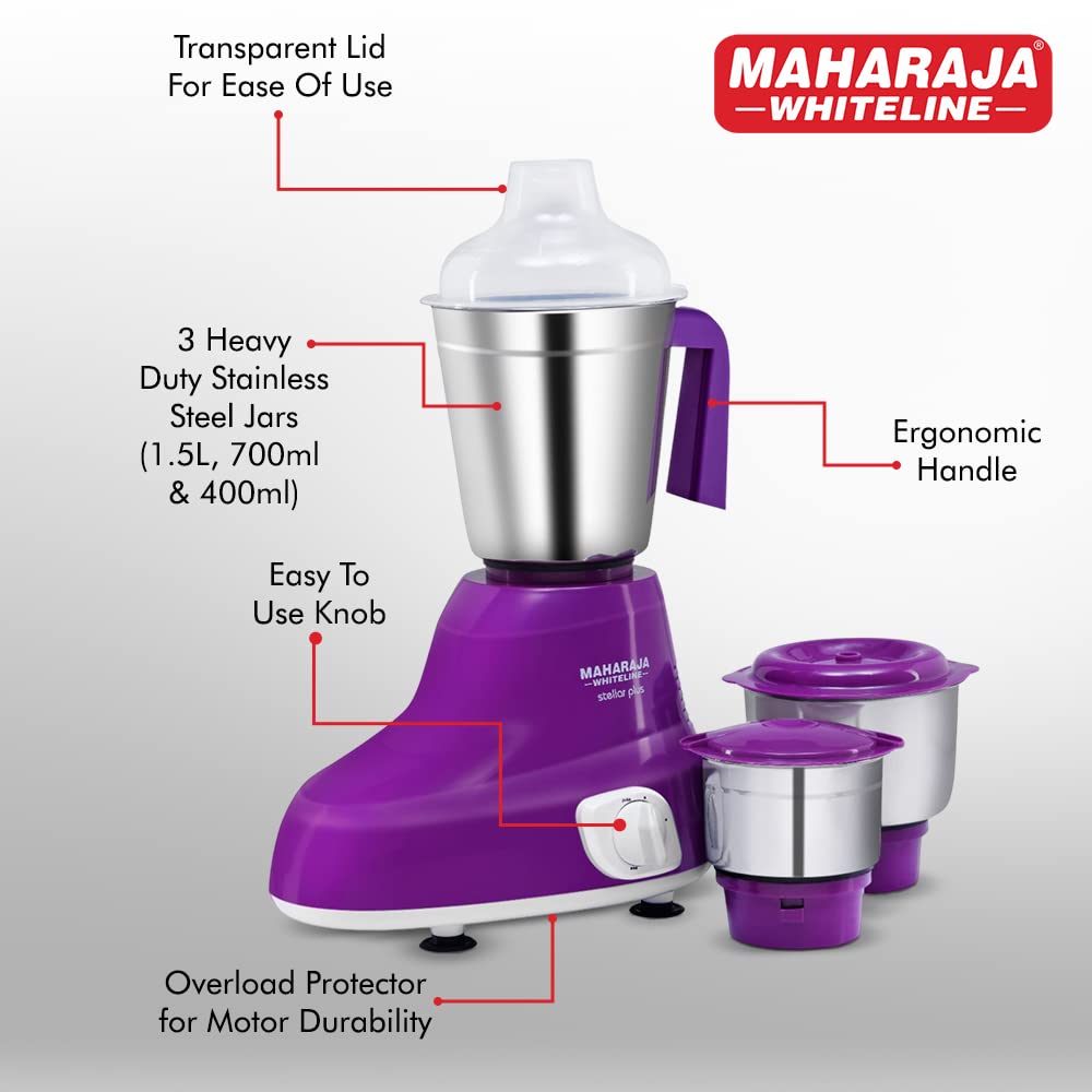 MAHARAJA WHITELINE Stellar Plus MX-228 500 Watt 3 Jars Mixer Grinder (20000 RPM, 30 Minutes Operating Time, Violet/White) MAHARAJA WHITELINE Stellar Plus MX-228 500 Watt 3 Jars Mixer Grinder (20000 RPM, 30 Minutes Operating Time, Violet/White)_9