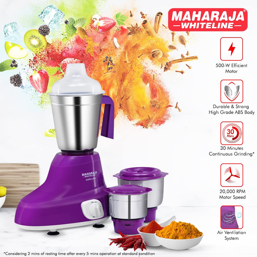 MAHARAJA WHITELINE Stellar Plus MX-228 500 Watt 3 Jars Mixer Grinder (20000 RPM, 30 Minutes Operating Time, Violet/White) MAHARAJA WHITELINE Stellar Plus MX-228 500 Watt 3 Jars Mixer Grinder (20000 RPM, 30 Minutes Operating Time, Violet/White)_10