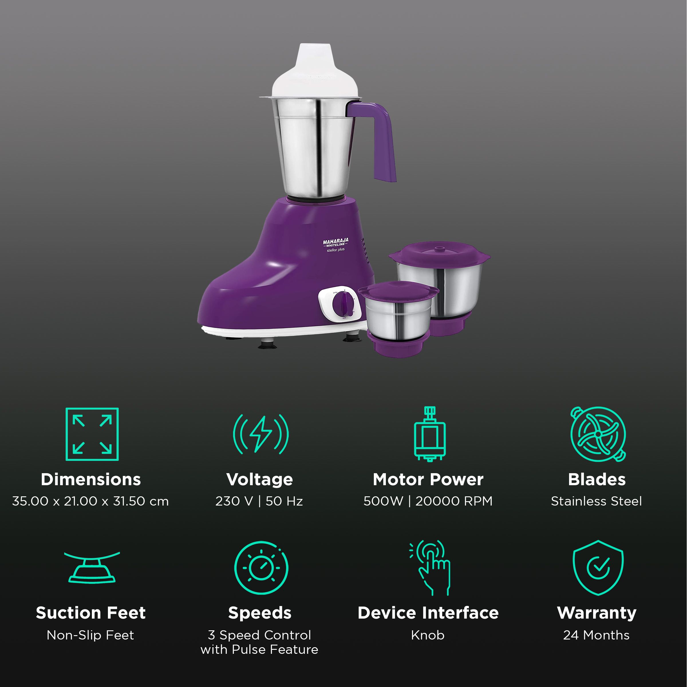 MAHARAJA WHITELINE Stellar Plus MX-228 500 Watt 3 Jars Mixer Grinder (20000 RPM, 30 Minutes Operating Time, Violet/White) MAHARAJA WHITELINE Stellar Plus MX-228 500 Watt 3 Jars Mixer Grinder (20000 RPM, 30 Minutes Operating Time, Violet/White)_2
