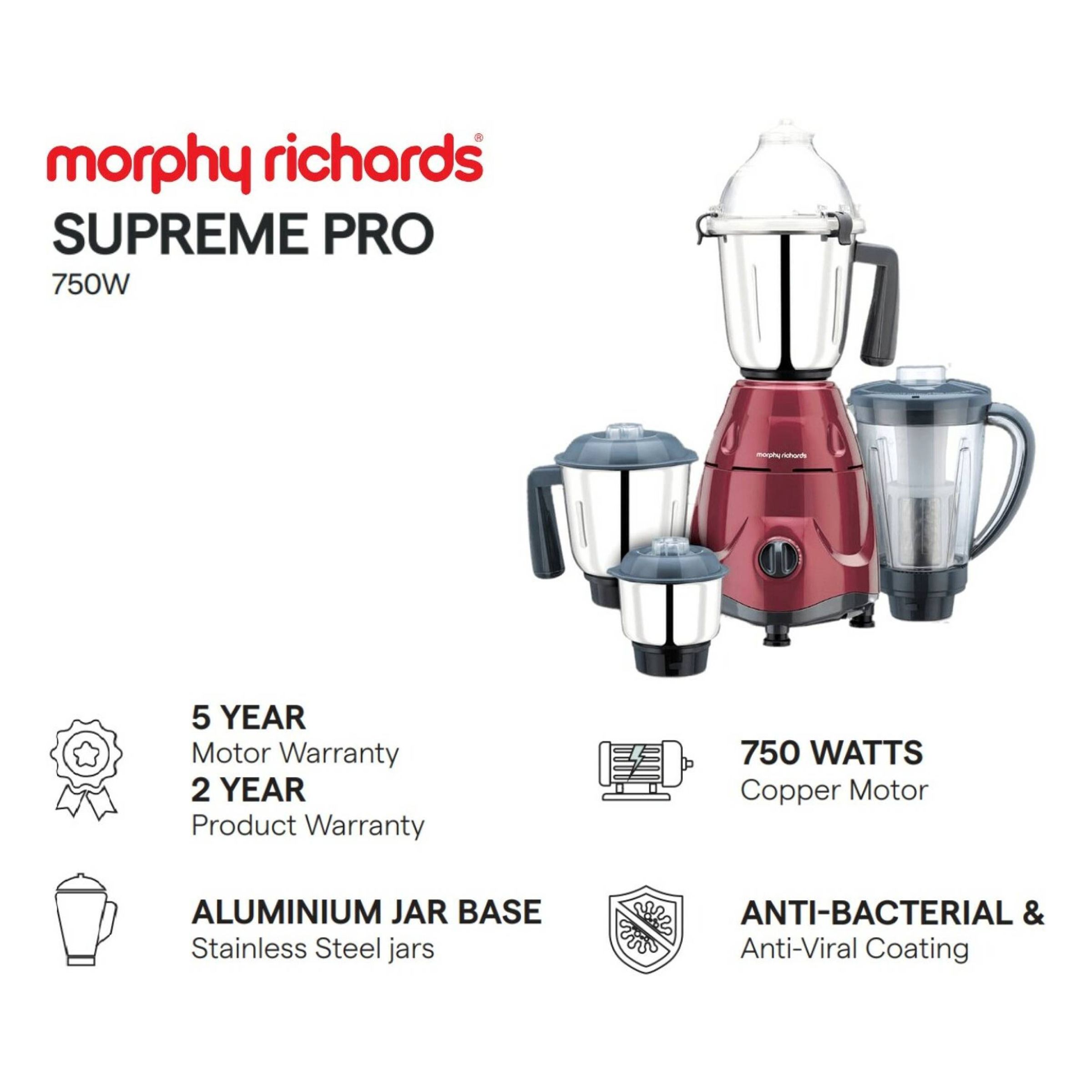 Morphy Richards Supreme Pro 750 Watt 4 Jars Mixer Grinder (Overload Protection, Metallic Wine Red) Morphy Richards Supreme Pro 750 Watt 4 Jars Mixer Grinder (Overload Protection, Metallic Wine Red)_6
