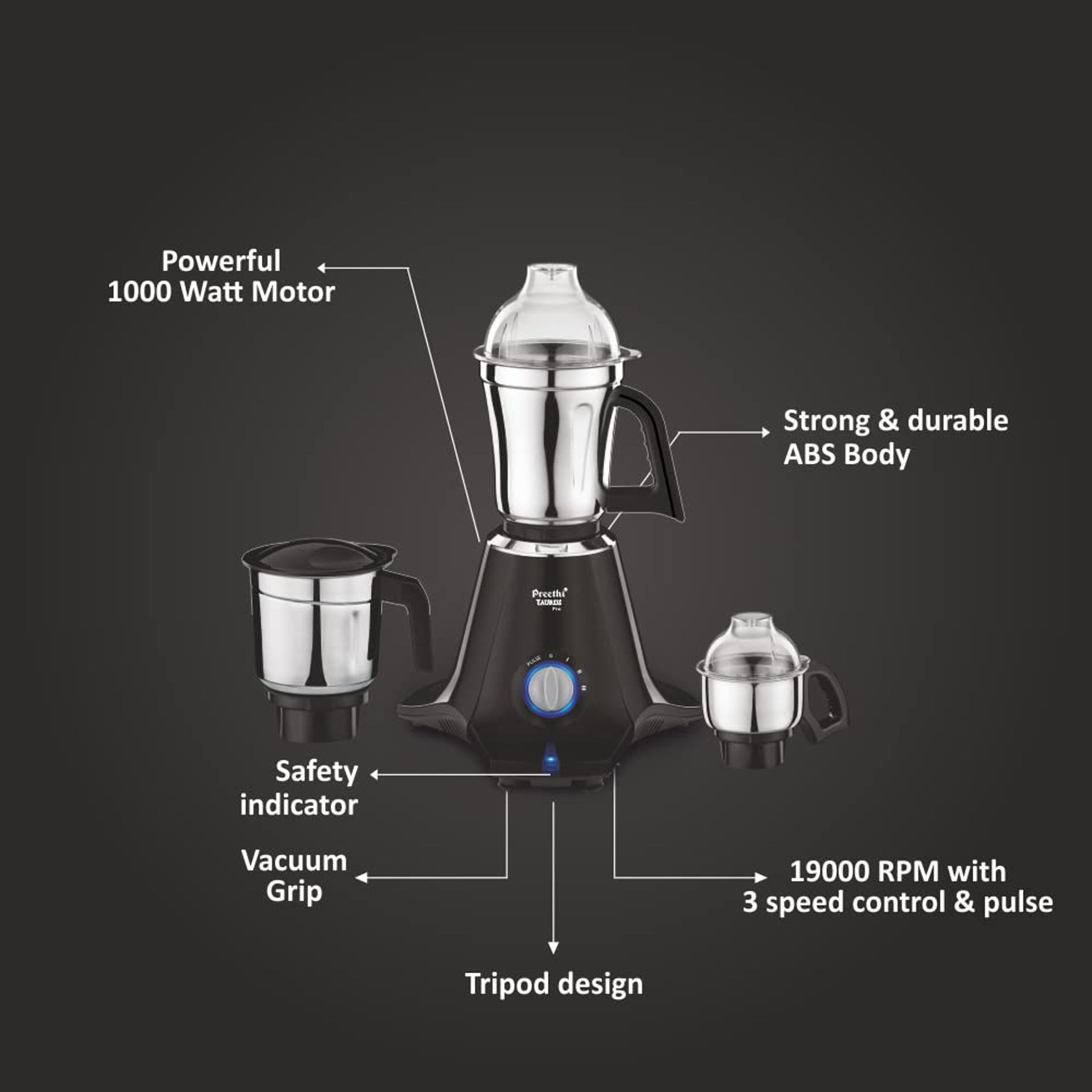 Preethi Taurus Pro 1000 Watt 3 Jars Mixer Grinder (19000 RPM, 3D Cooling System, Black/Blue) Preethi Taurus Pro 1000 Watt 3 Jars Mixer Grinder (19000 RPM, 3D Cooling System, Black/Blue)_14
