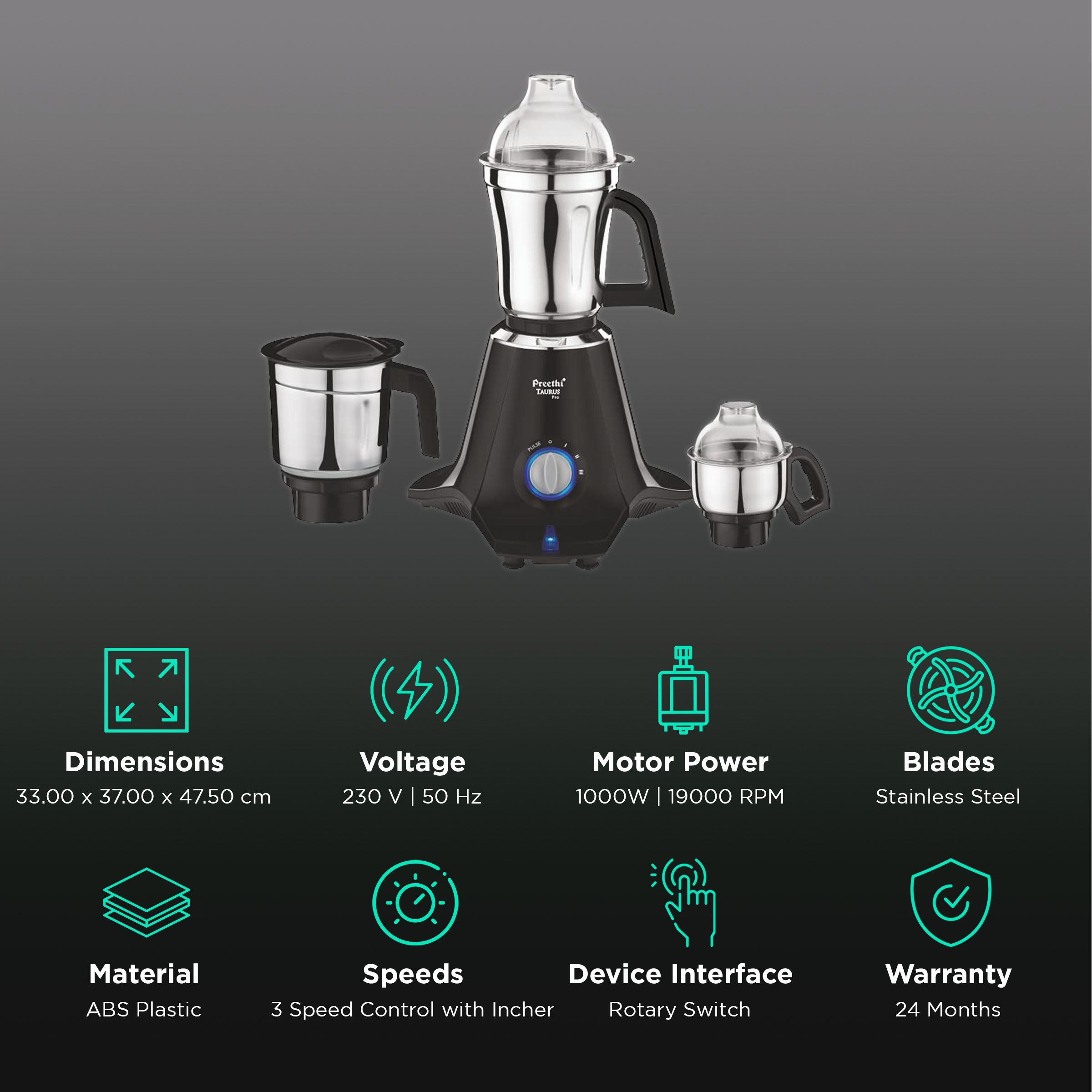 Preethi Taurus Pro 1000 Watt 3 Jars Mixer Grinder (19000 RPM, 3D Cooling System, Black/Blue) Preethi Taurus Pro 1000 Watt 3 Jars Mixer Grinder (19000 RPM, 3D Cooling System, Black/Blue)_2