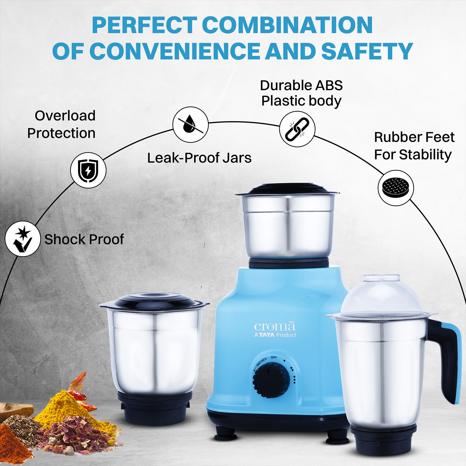 Croma 500 Watt 3 Jars Mixer Grinder (19000 RPM, Shock Proof Body, Blue)_12