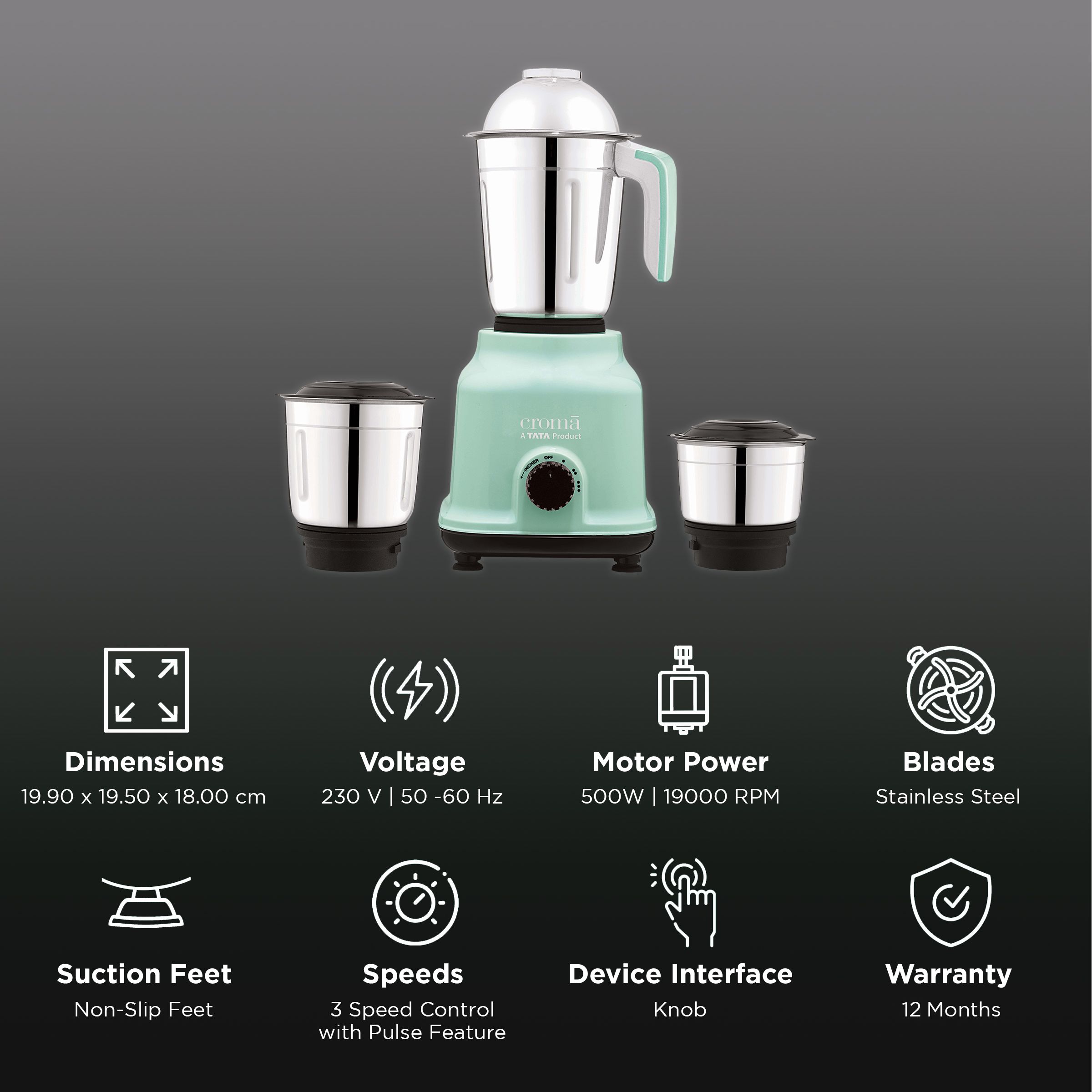 Croma 500 Watt 3 Jars Mixer Grinder (19000 RPM, Shock Proof Body, Green) Croma 500 Watt 3 Jars Mixer Grinder (19000 RPM, Shock Proof Body, Green)_2