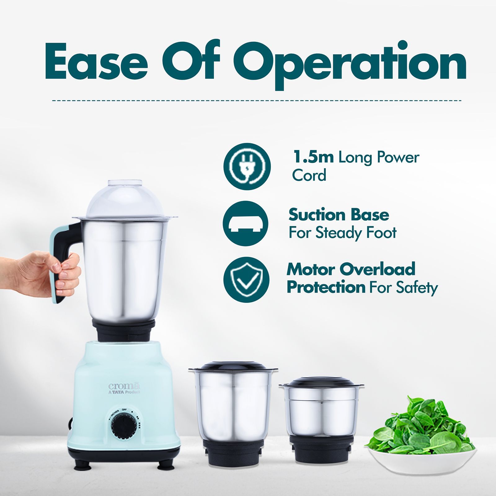 Croma 500 Watt 3 Jars Mixer Grinder (19000 RPM, Shock Proof Body, Green) Croma 500 Watt 3 Jars Mixer Grinder (19000 RPM, Shock Proof Body, Green)_7