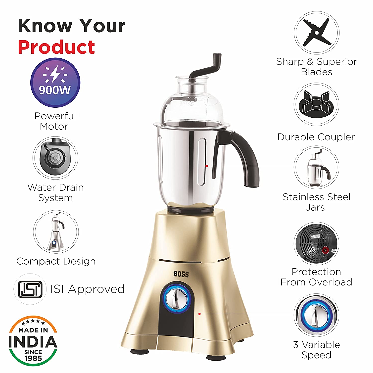BOSS CycloneMaxx 900 Watt 4 Jars Mixer Grinder (3 Variable Speed Control with LED Light, Black) BOSS CycloneMaxx 900 Watt 4 Jars Mixer Grinder (3 Variable Speed Control with LED Light, Black)_8