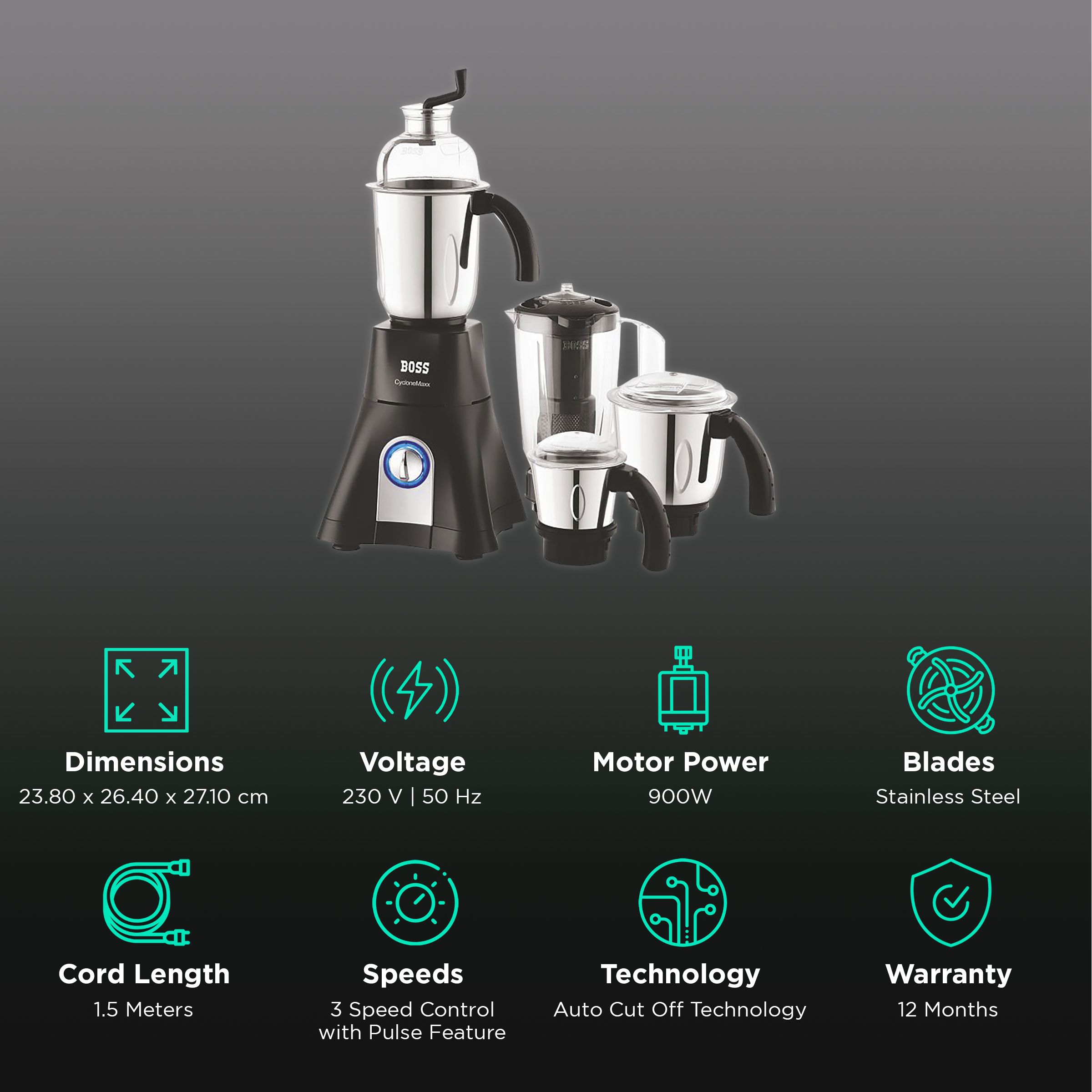 BOSS CycloneMaxx 900 Watt 4 Jars Mixer Grinder (3 Variable Speed Control with LED Light, Black) BOSS CycloneMaxx 900 Watt 4 Jars Mixer Grinder (3 Variable Speed Control with LED Light, Black)_2