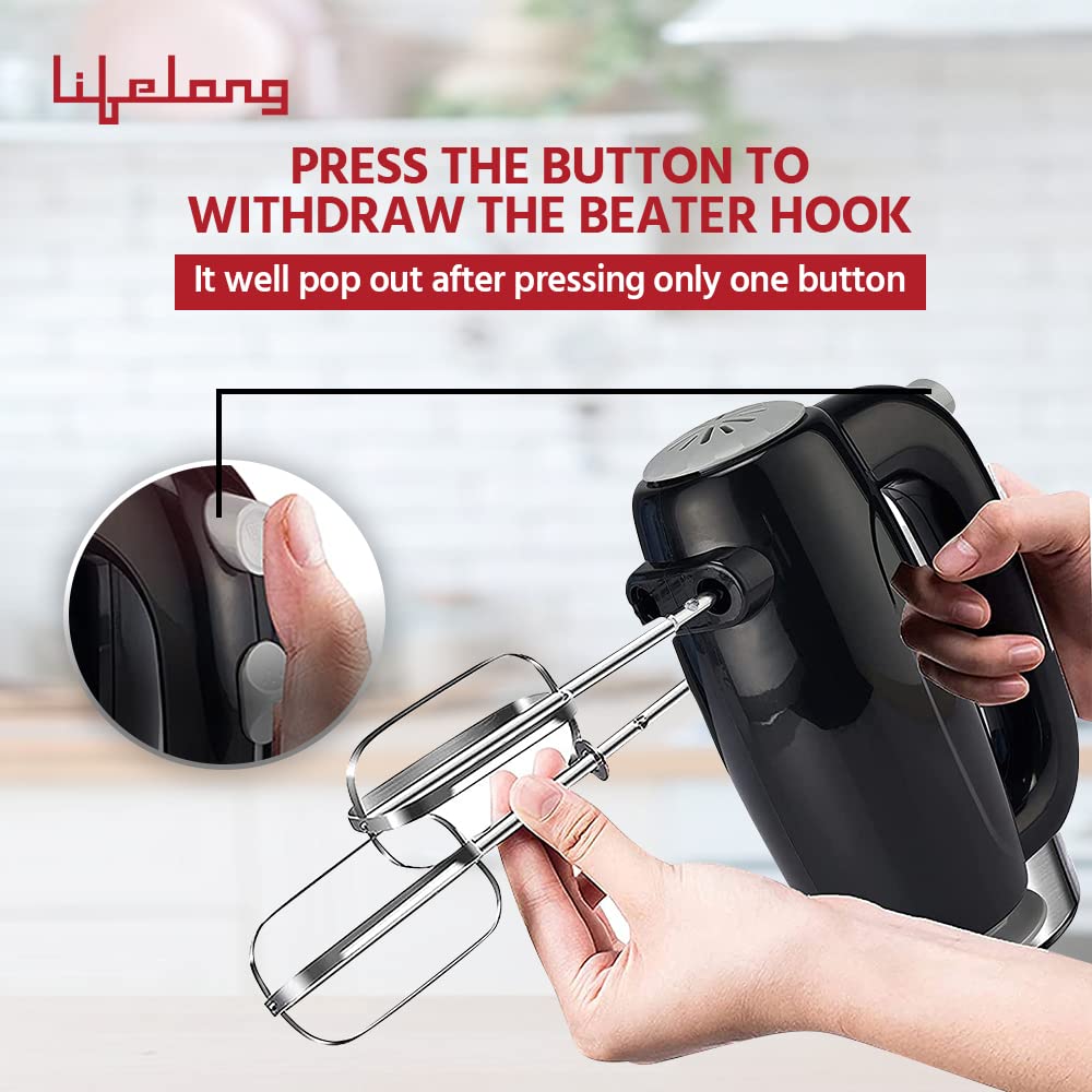 Lifelong Regalia 150 Watt 5 Speed Hand Mixer with 4 Attachments (Overheating Protection, Black)_4