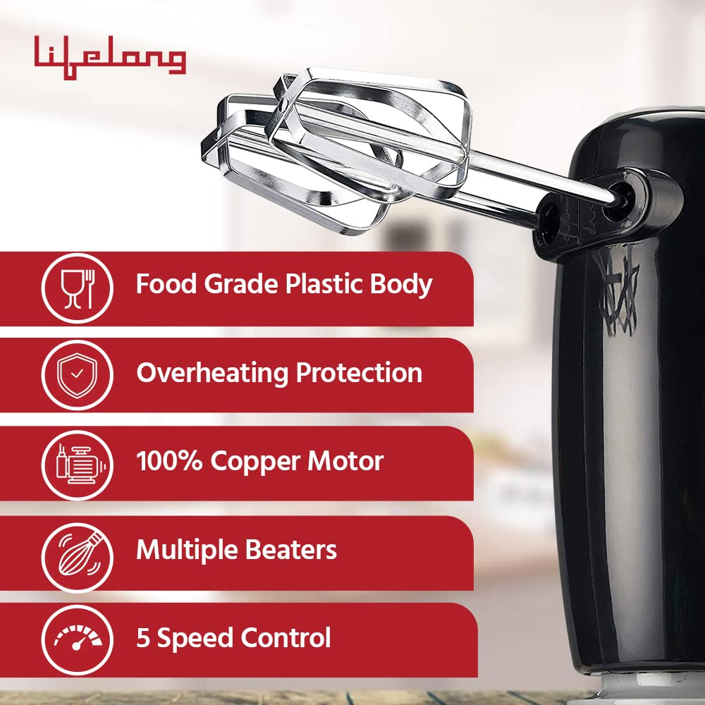 Lifelong Regalia 150 Watt 5 Speed Hand Mixer with 4 Attachments (Overheating Protection, Black)_7