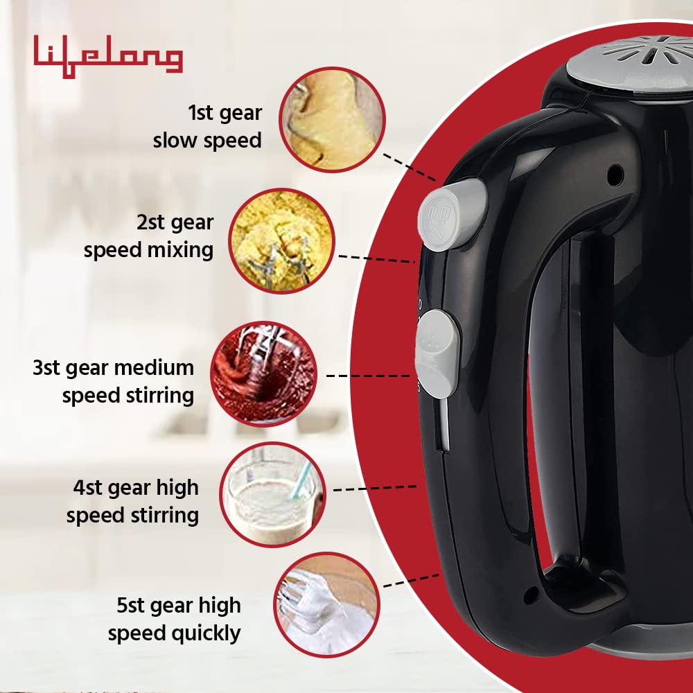 Lifelong Regalia 150 Watt 5 Speed Hand Mixer with 4 Attachments (Overheating Protection, Black)_8