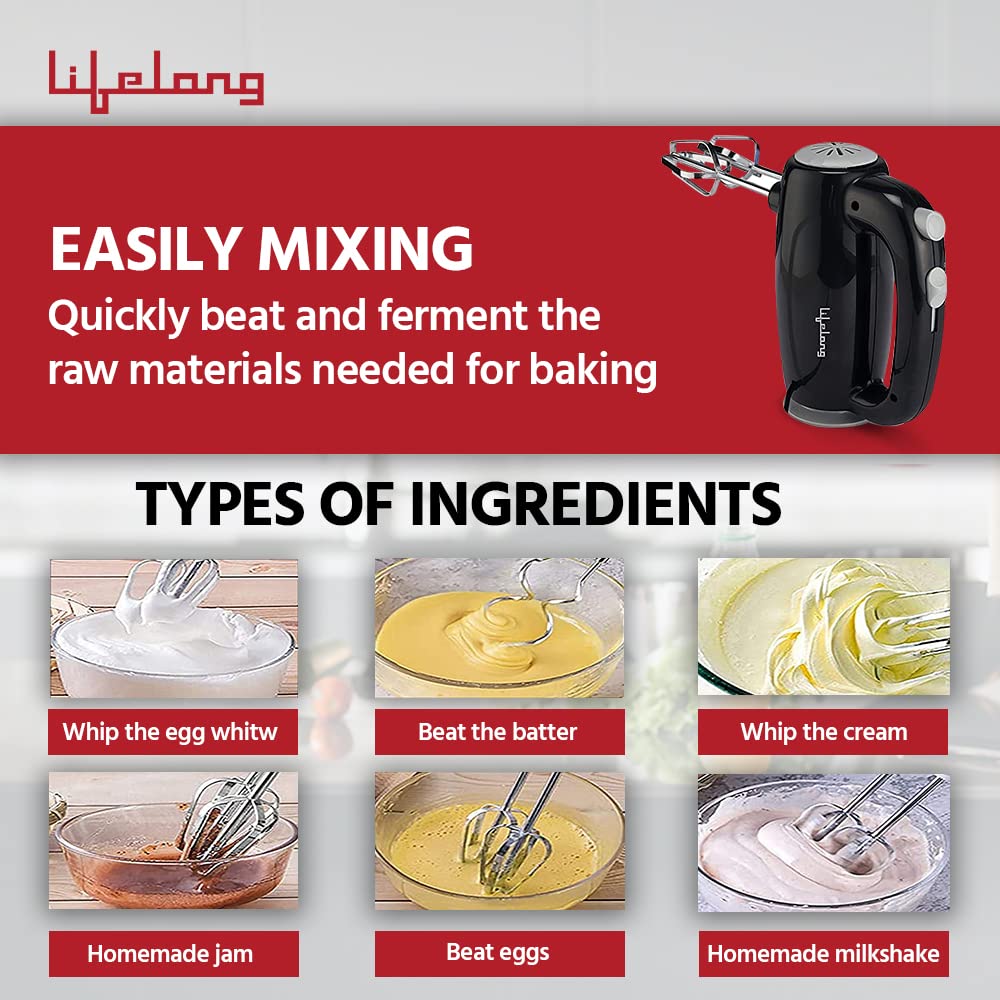Lifelong Regalia 150 Watt 5 Speed Hand Mixer with 4 Attachments (Overheating Protection, Black)_9