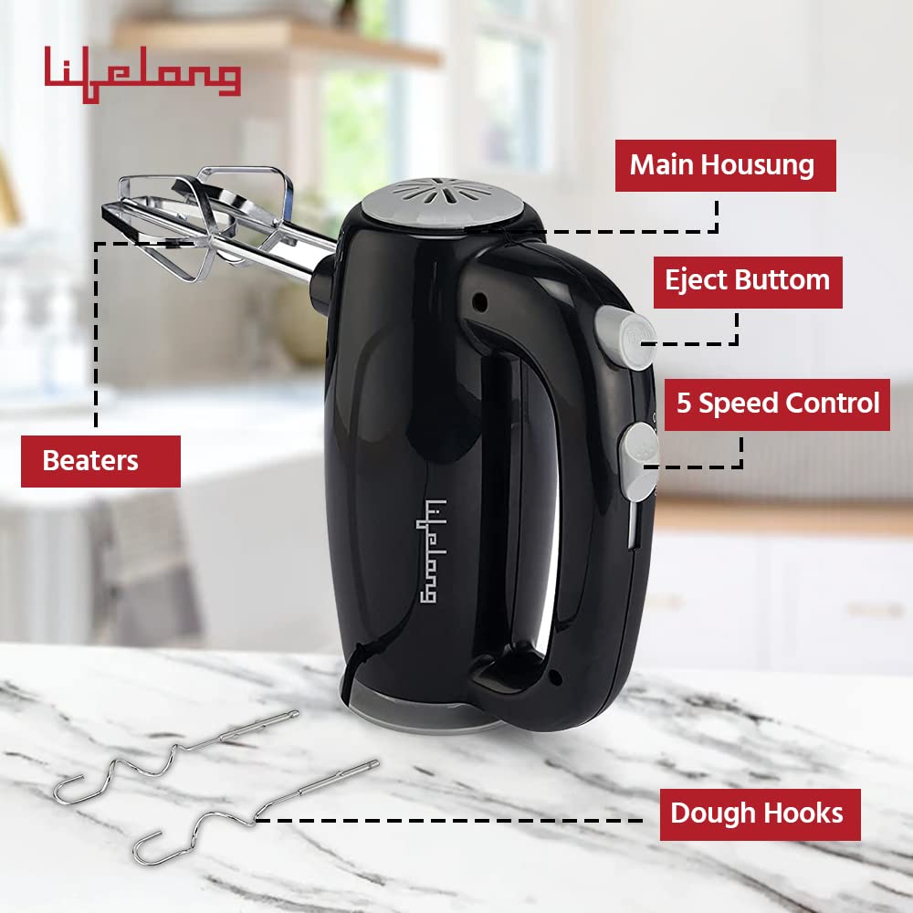 Lifelong Regalia 150 Watt 5 Speed Hand Mixer with 4 Attachments (Overheating Protection, Black)_10