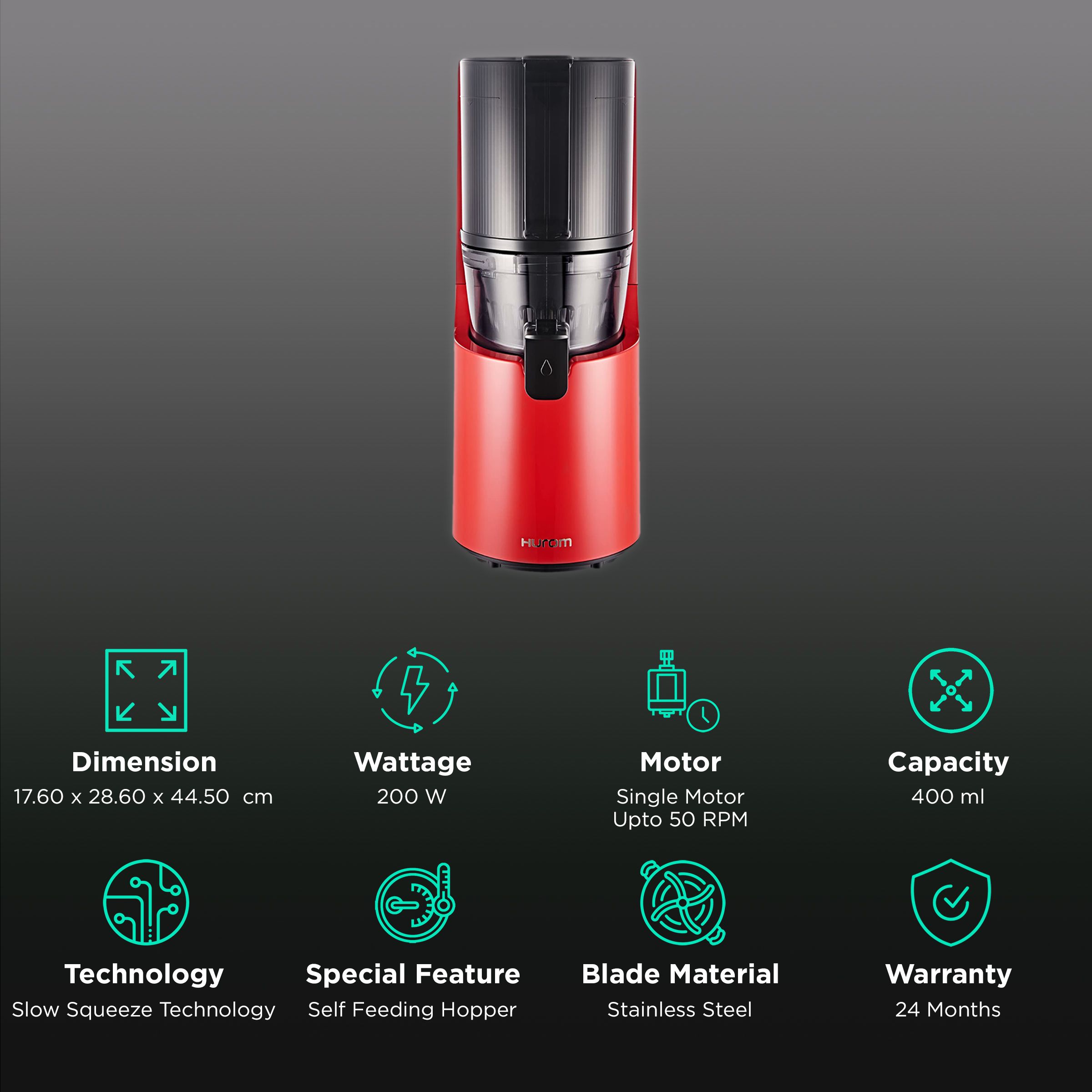 Hurom Premium Series 200 Watt Cold Press Juicer (50 RPM, Self-Feeding Hopper, Vivid Red) Hurom Premium Series 200 Watt Cold Press Juicer (50 RPM, Self-Feeding Hopper, Vivid Red)_2
