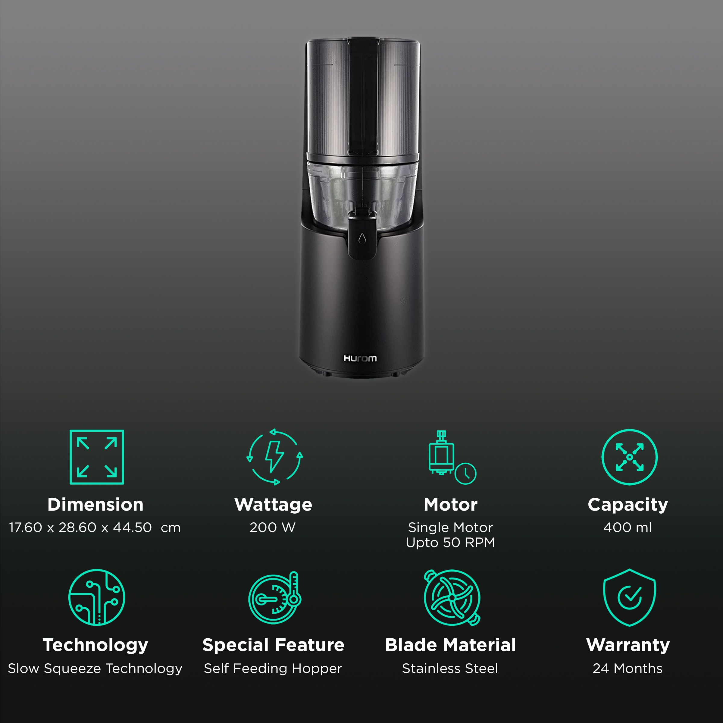 Hurom Premium Series 200 Watt Cold Press Juicer (50 RPM, Self-Feeding Hopper, Matte Black) Hurom Premium Series 200 Watt Cold Press Juicer (50 RPM, Self-Feeding Hopper, Matte Black)_2