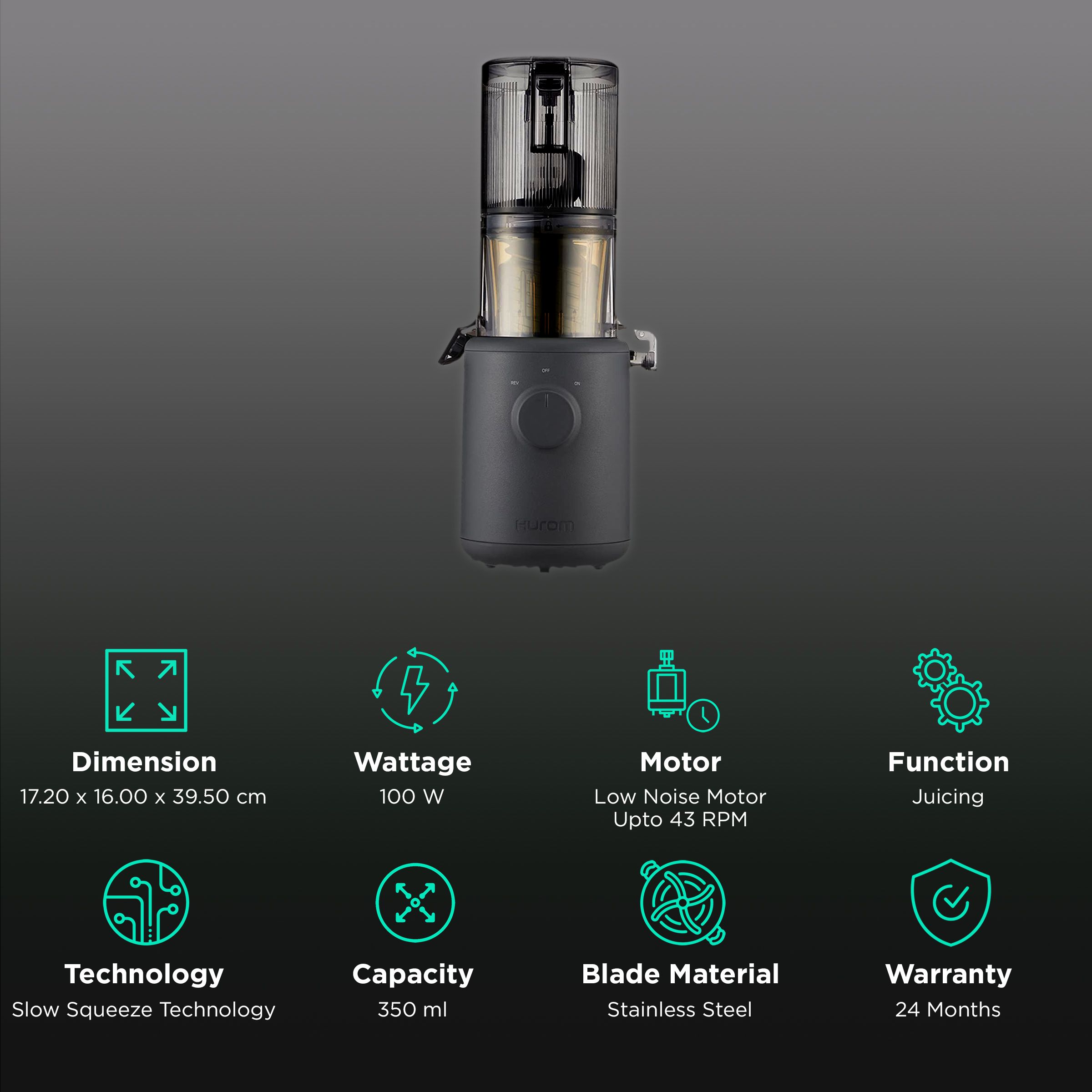 Hurom Easy Series 100 Watt Cold Press Juicer (43 RPM, Convenient with Minimal Touches, Charcoal) Hurom Easy Series 100 Watt Cold Press Juicer (43 RPM, Convenient with Minimal Touches, Charcoal)_2