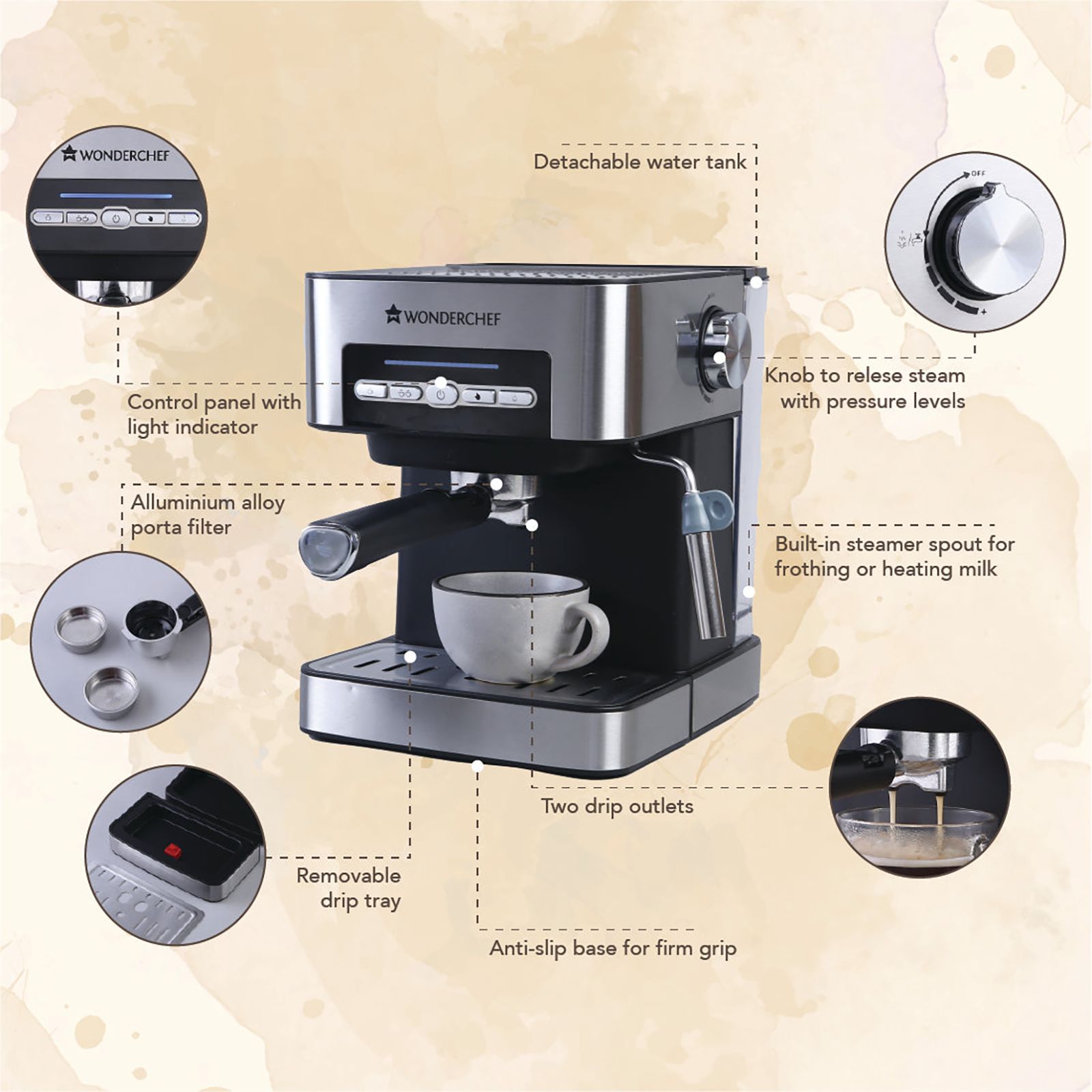 WONDERCHEF Regalia 850 Watt 2 Cups Semi-Automatic Espresso, Cappuccino, Latte, Macchiato & Ristretto Coffee Maker with Anti Slip Base (Black & Silver)_11